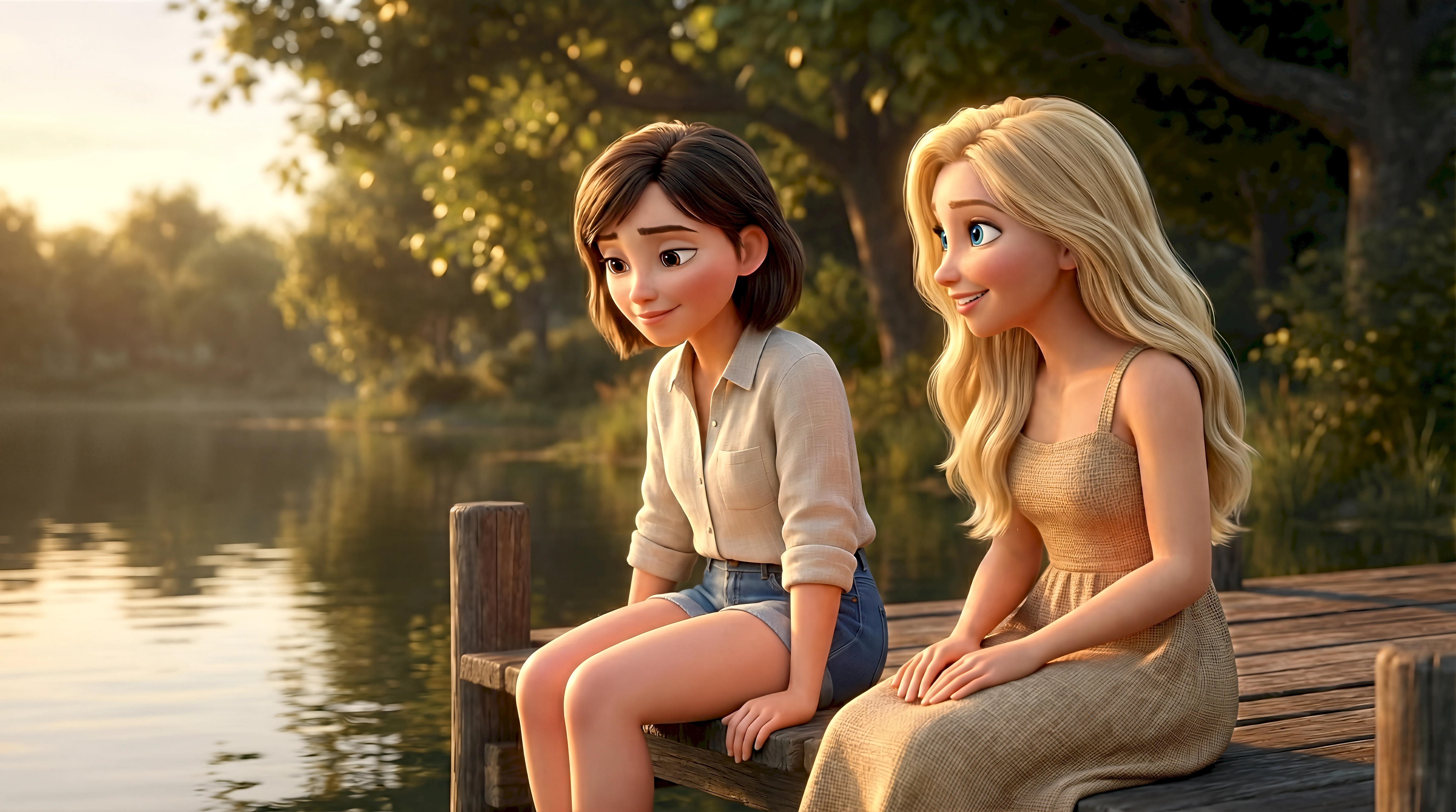 Two stylized cinematic 3D characters — a white girl with a short dark brown bob in