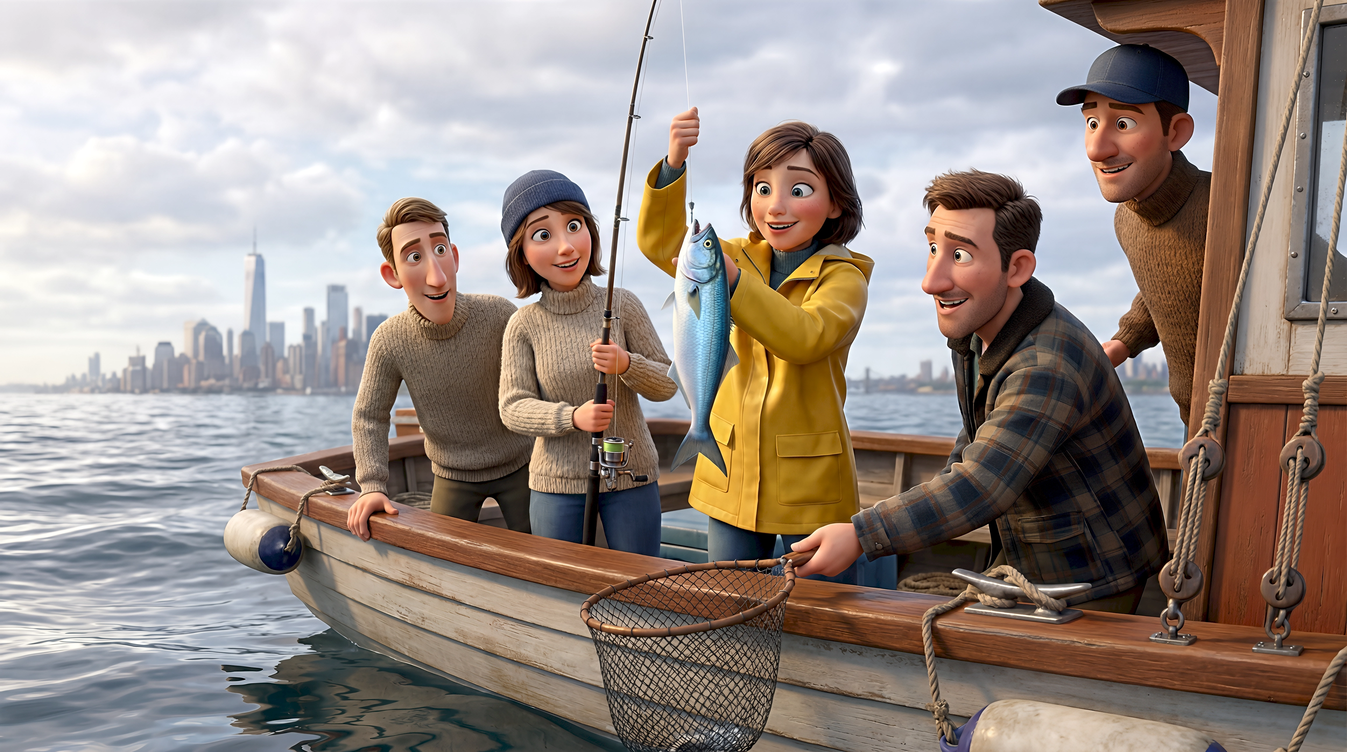 Four cinematic 3D animated characters — a white woman with a short brown bob in a