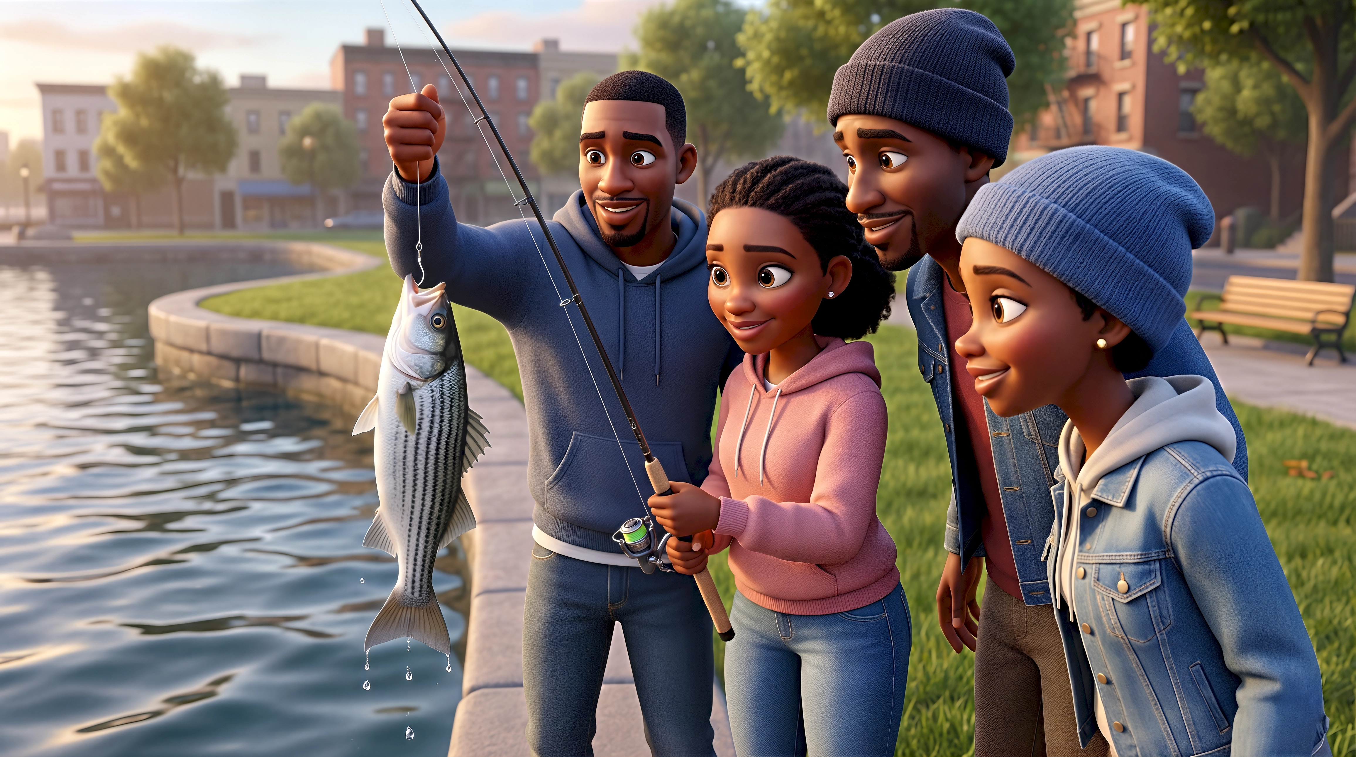 Four expressive 3D animated characters — a Black man in a grey hoodie and jeans hoisting