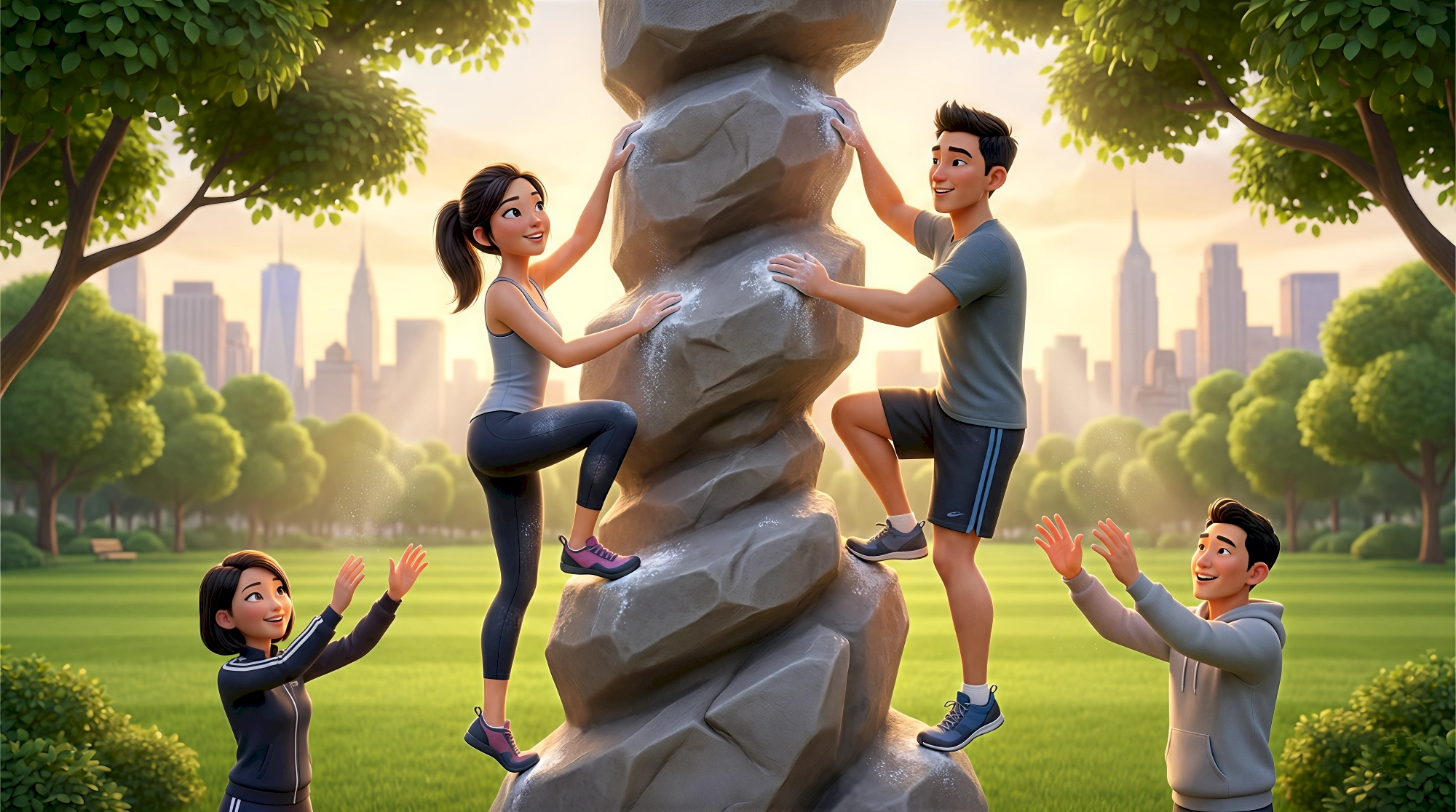 Four expressive 3D animated characters — an Asian woman with a dark ponytail in a grey athletic tank, dark…