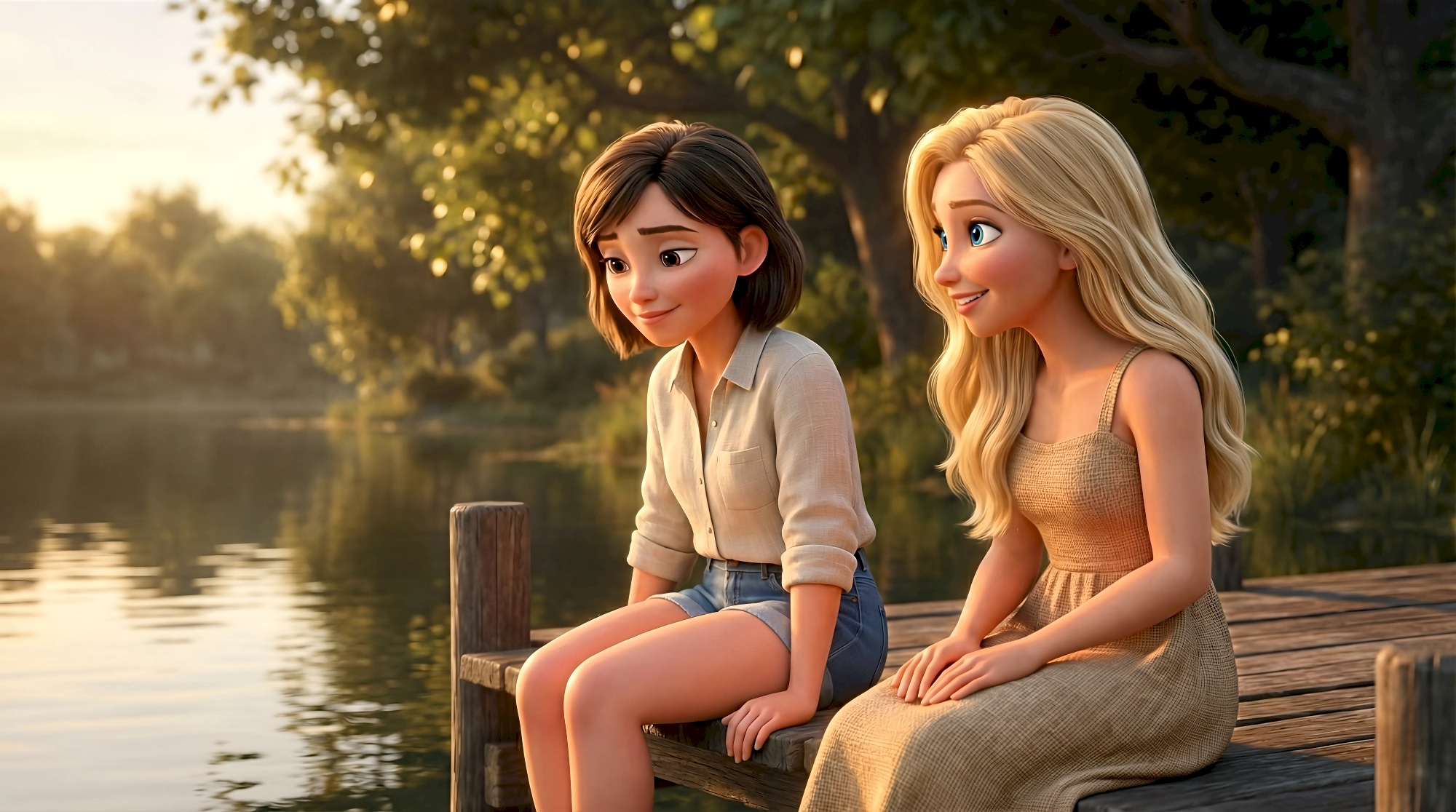 Two stylized cinematic 3D characters — a white girl with a short dark brown bob in a cream linen button-up…