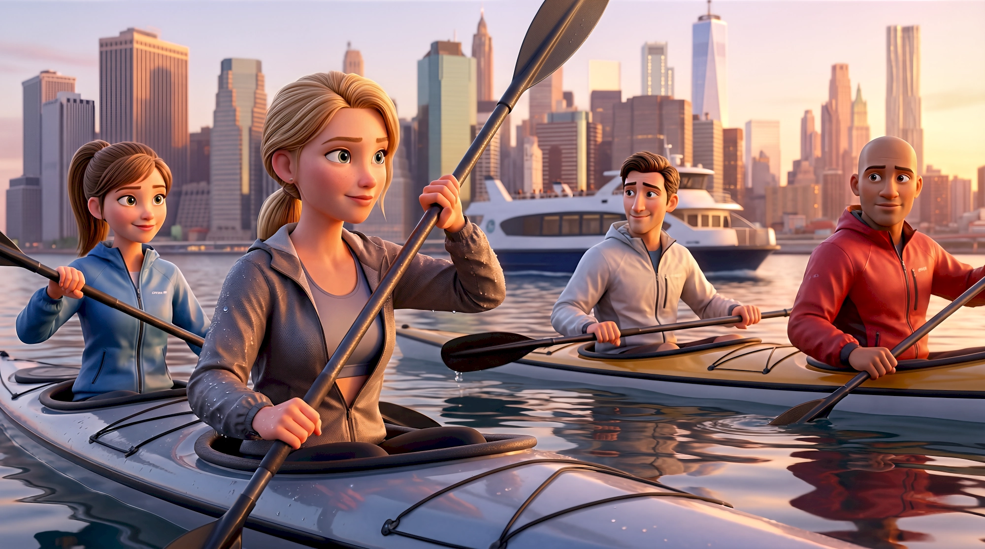Four expressive 3D animated characters — a white girl with a brown ponytail in a blue zip athletic jacket, a…