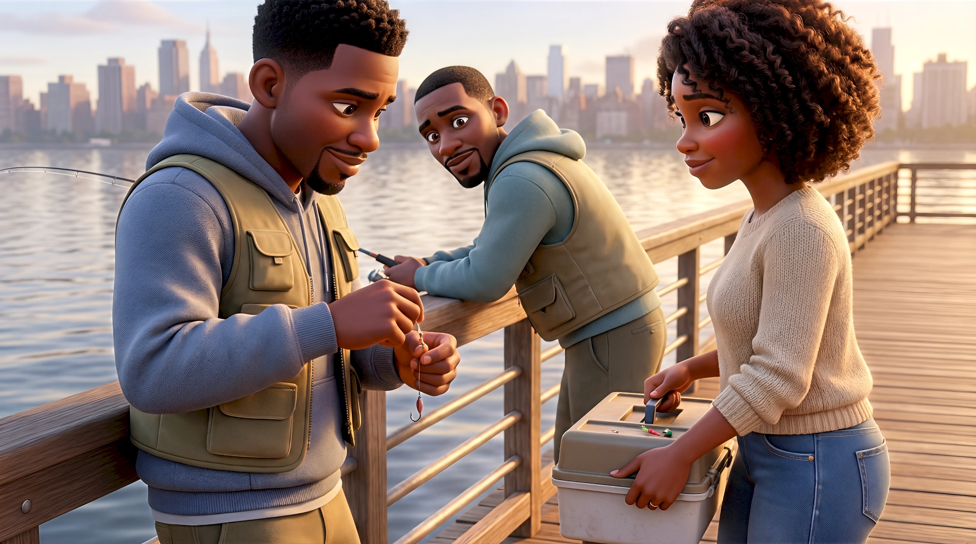 Three stylized open world 3D characters — a Black man in a grey hoodie and tan multi-pocket fishing vest…