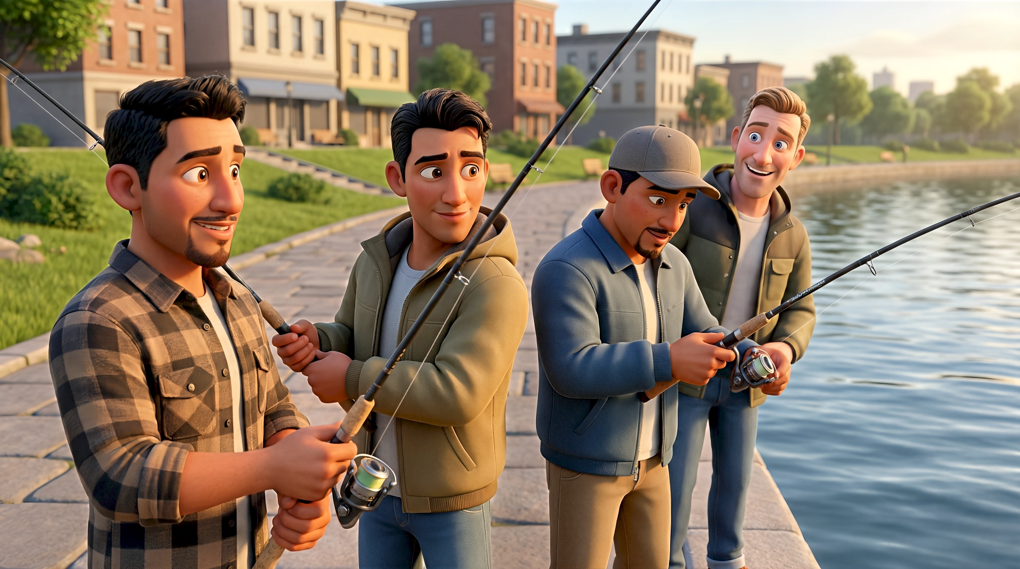 Four cinematic 3D animated characters — a Latino man with a beard in a brown plaid flannel shirt, a Latino…