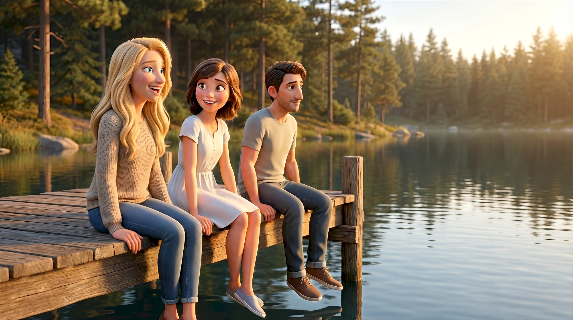 Three stylized realism 3D characters — a white woman with long blonde hair in a beige knit sweater and slim…