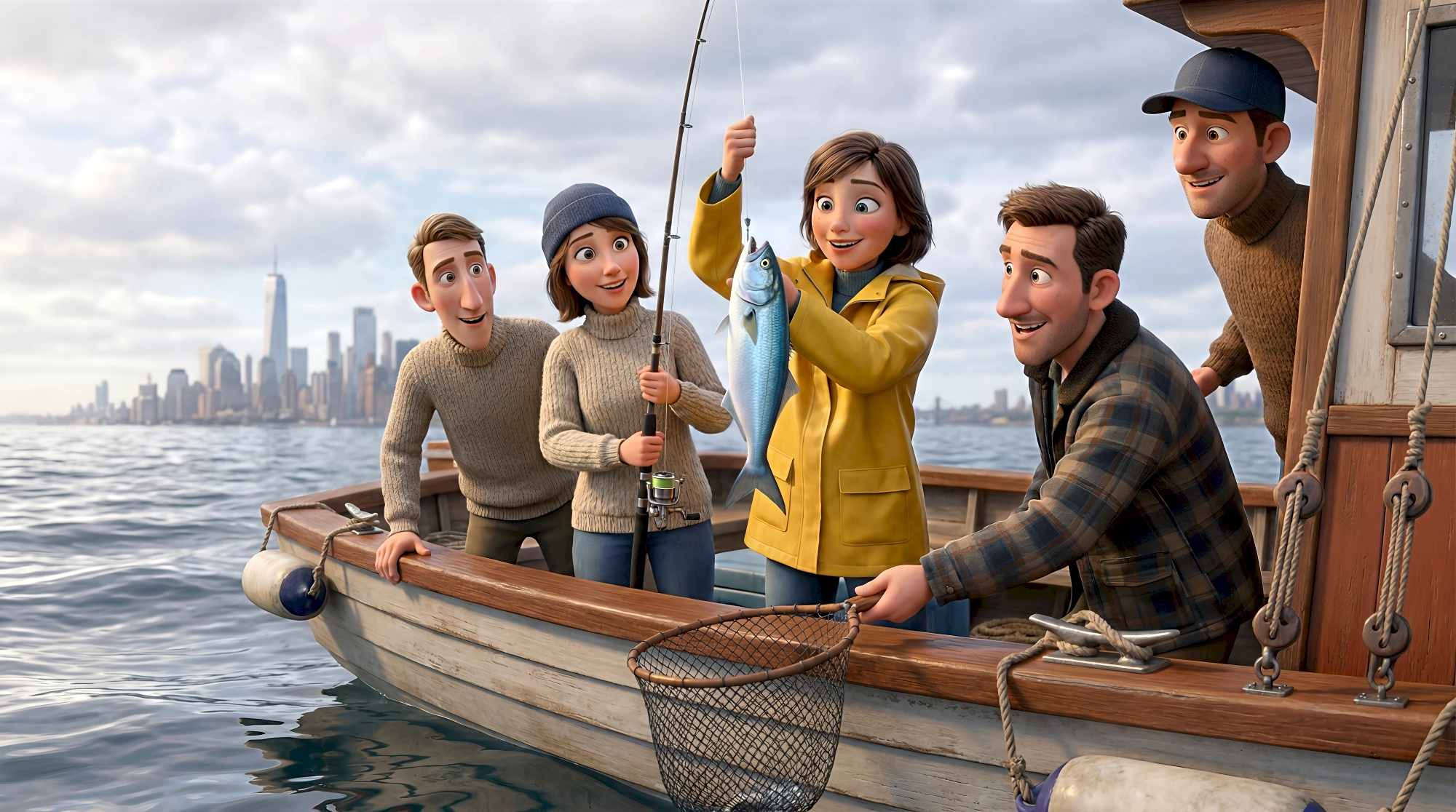 Four cinematic 3D animated characters — a white woman with a short brown bob in a bright yellow rain jacket…