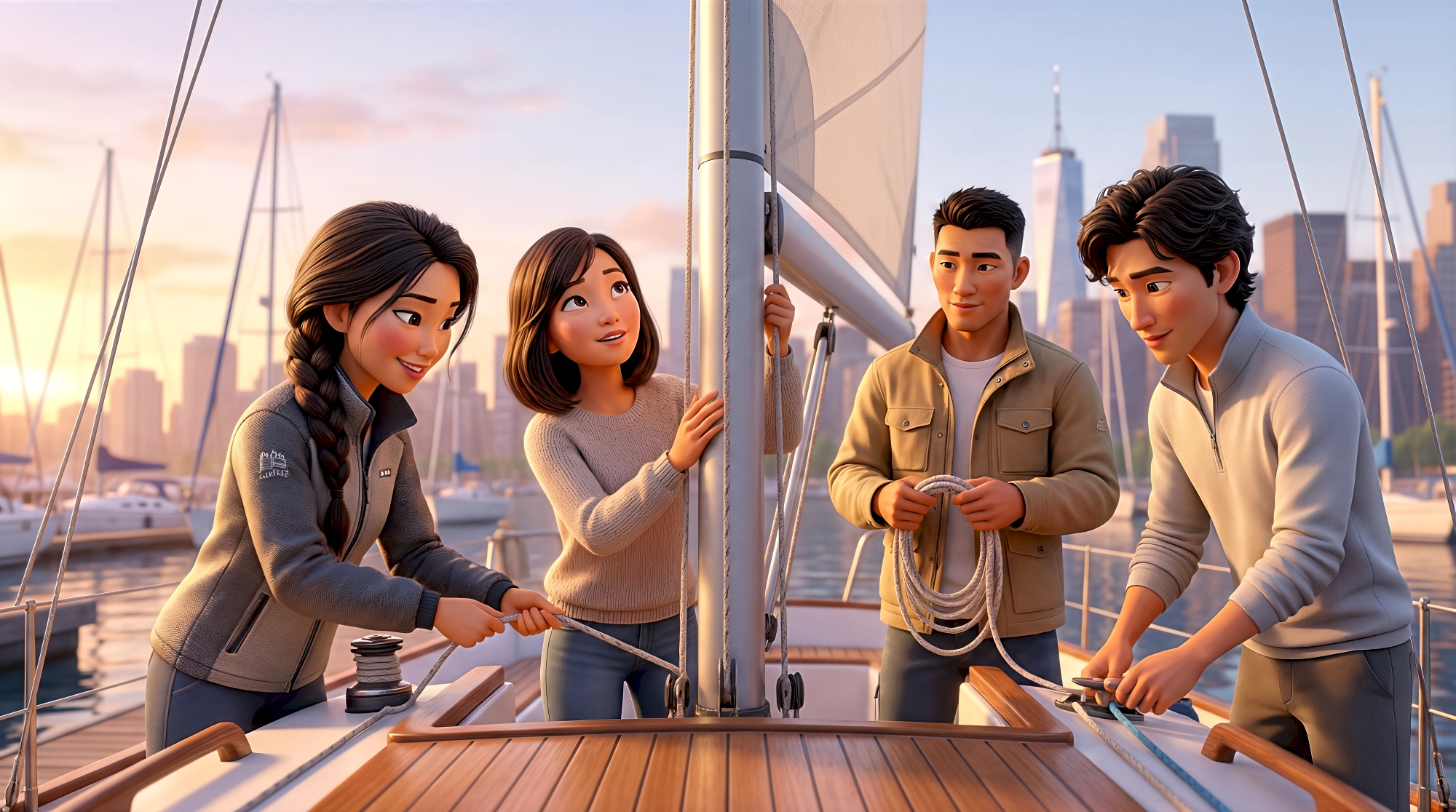 Four metahuman 3D characters — a Latina woman with a long dark braid in a grey sailing fleece jacket working…