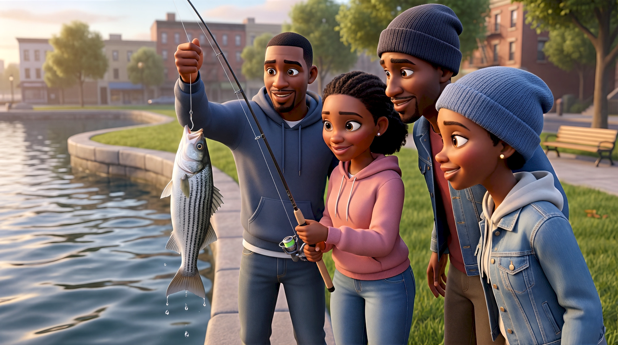 Four expressive 3D animated characters — a Black man in a grey hoodie and jeans hoisting a striped bass on…
