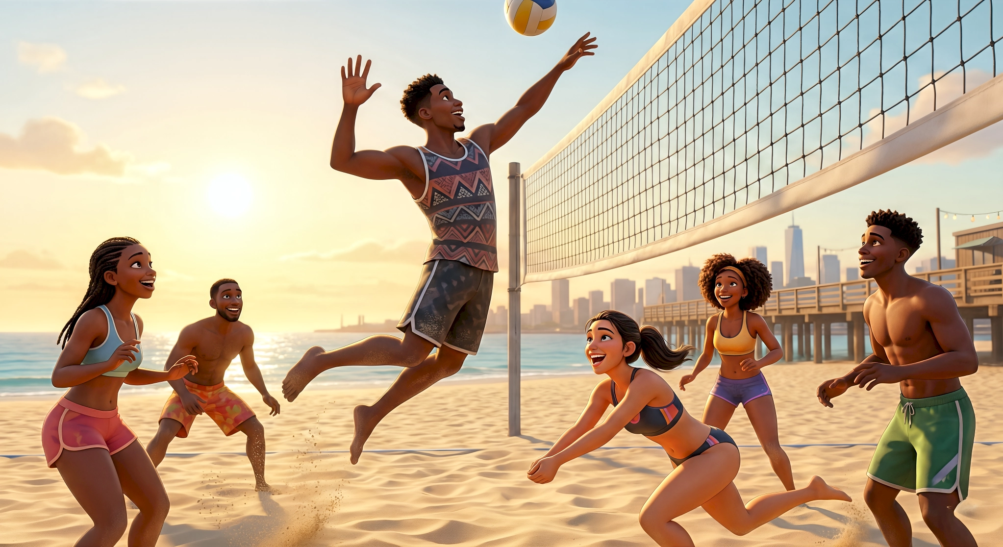 Five digital human 3D characters — a Black man in a patterned geometric tank and dark board shorts leaping to…