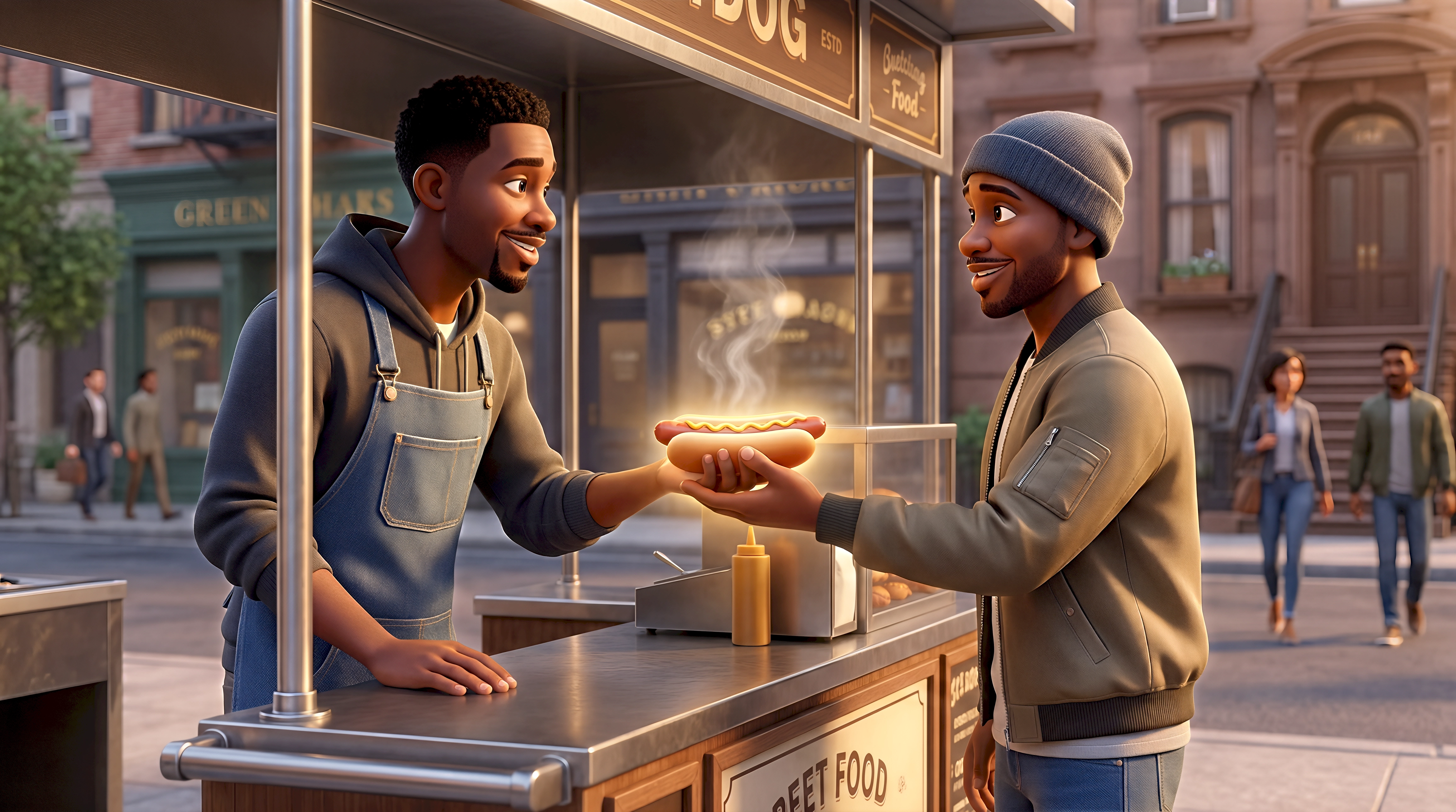 Two expressive 3D animated characters — a Black male street food vendor in a denim apron