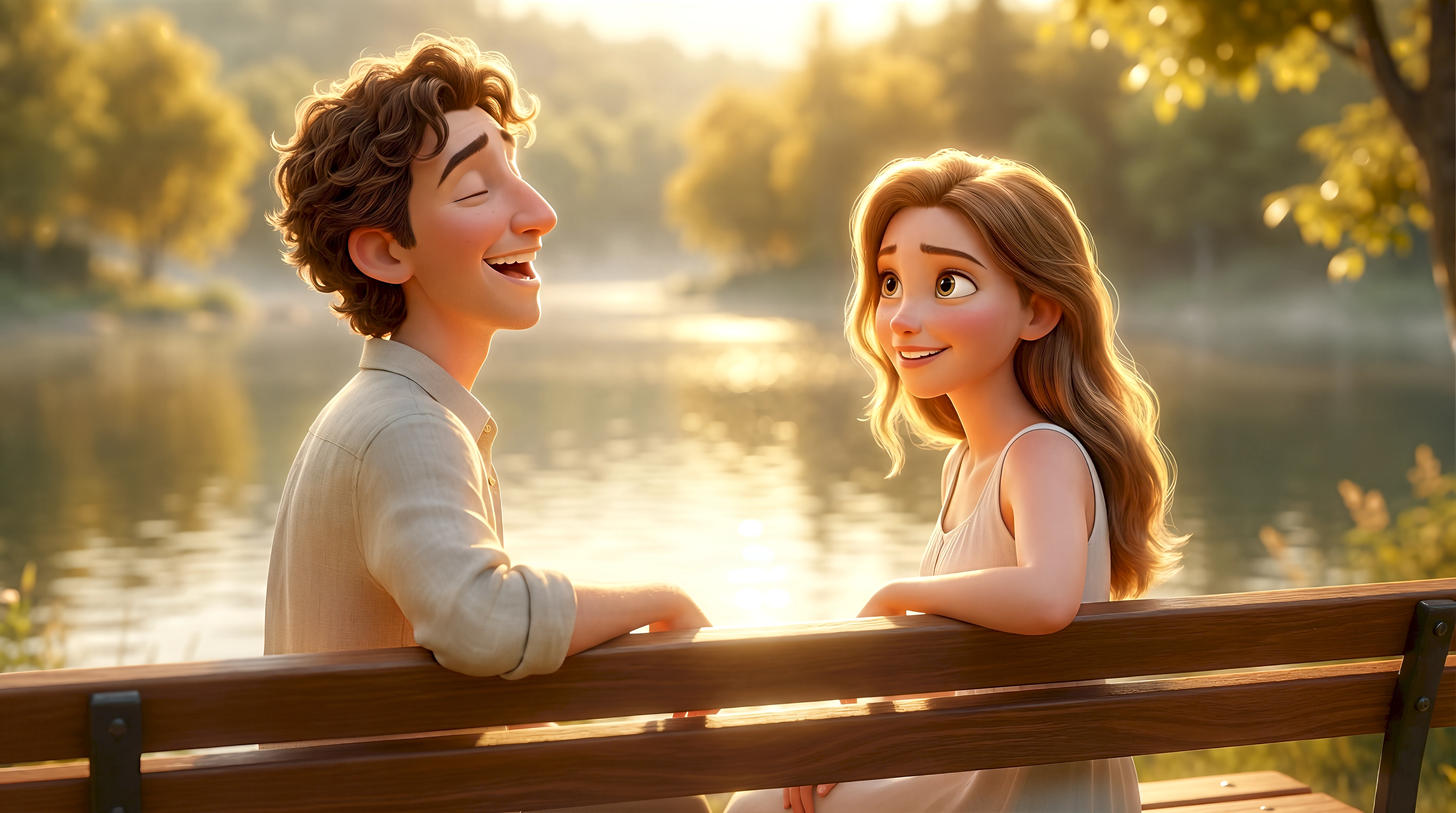 Two stylized realism animated characters — a white man with curly brown hair in a cream