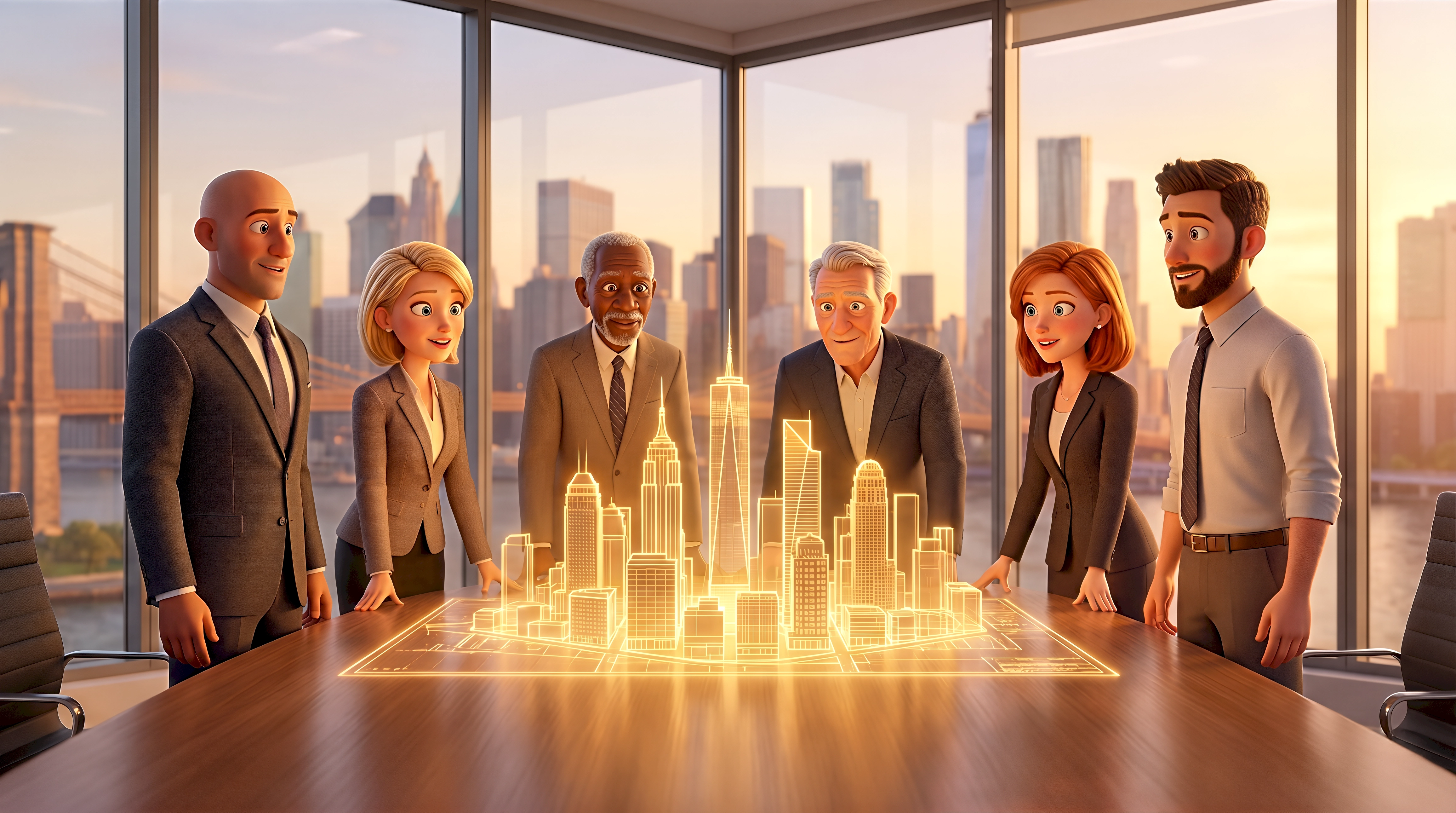Five cinematic 3D animated characters — a diverse group of business professionals in suits and blazers