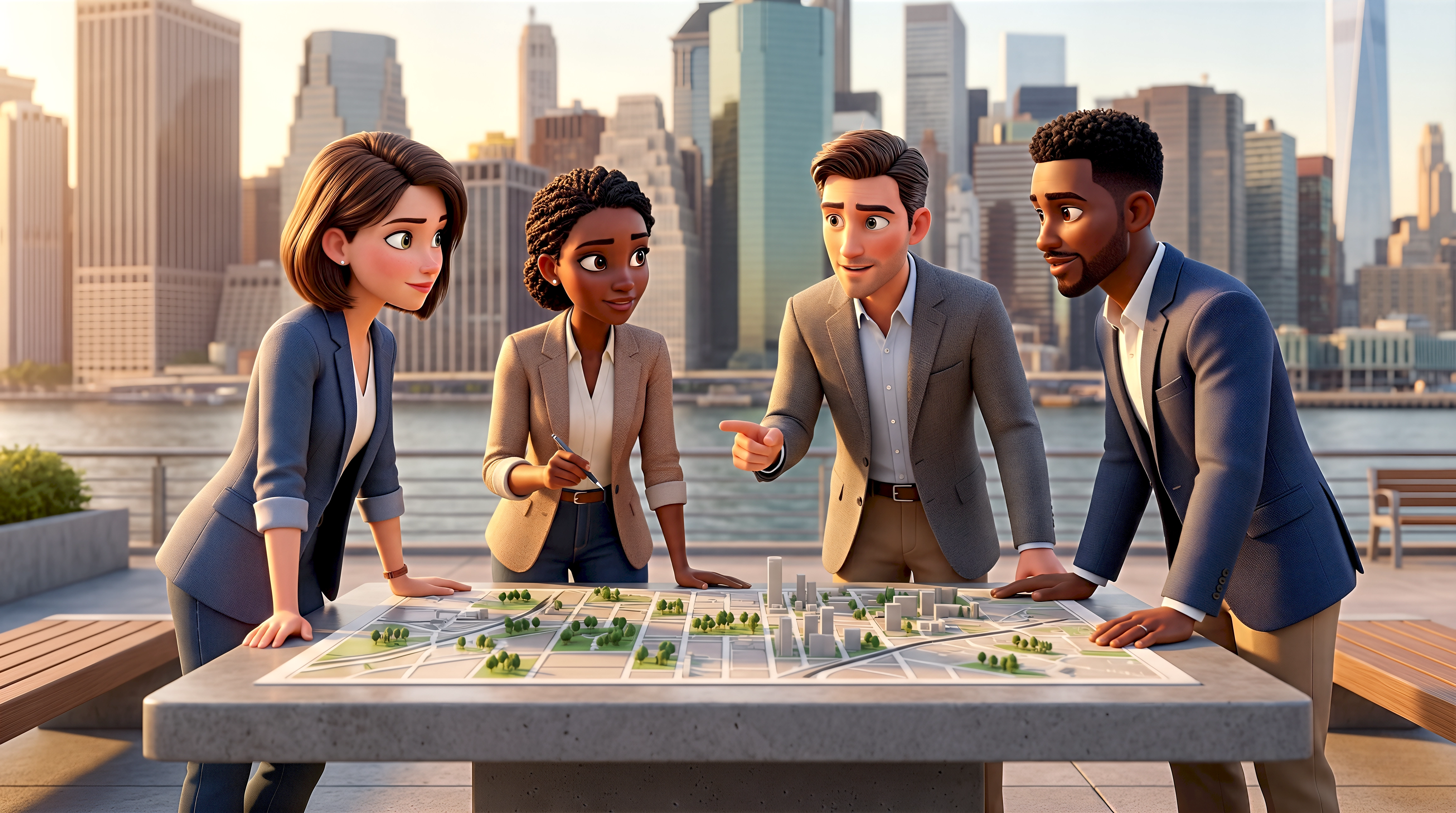 dumbo brooklyn waterfront city planning scale model new york digital twin 3d architecture cinematic 3d characters