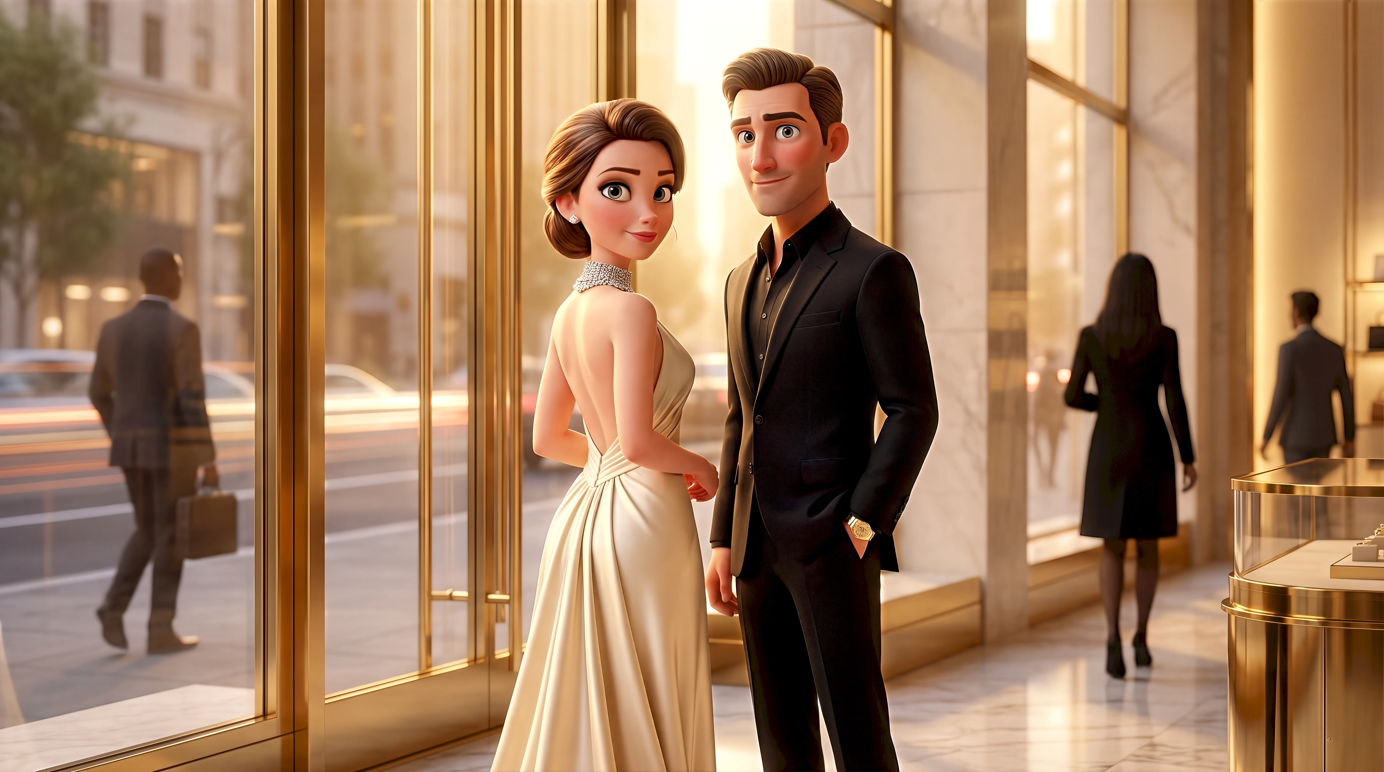 Two digital human animated characters — a white woman with a dark updo in a backless
