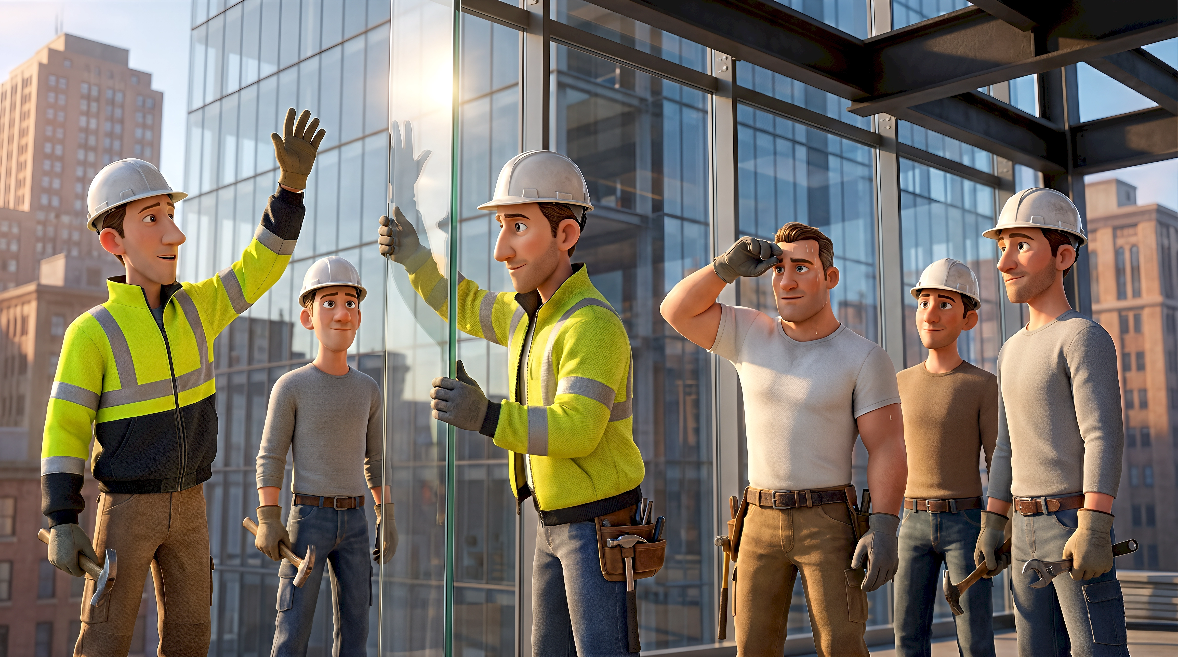 Five expressive 3D animated characters — white male construction workers in neon high-vis jackets, hard hats,