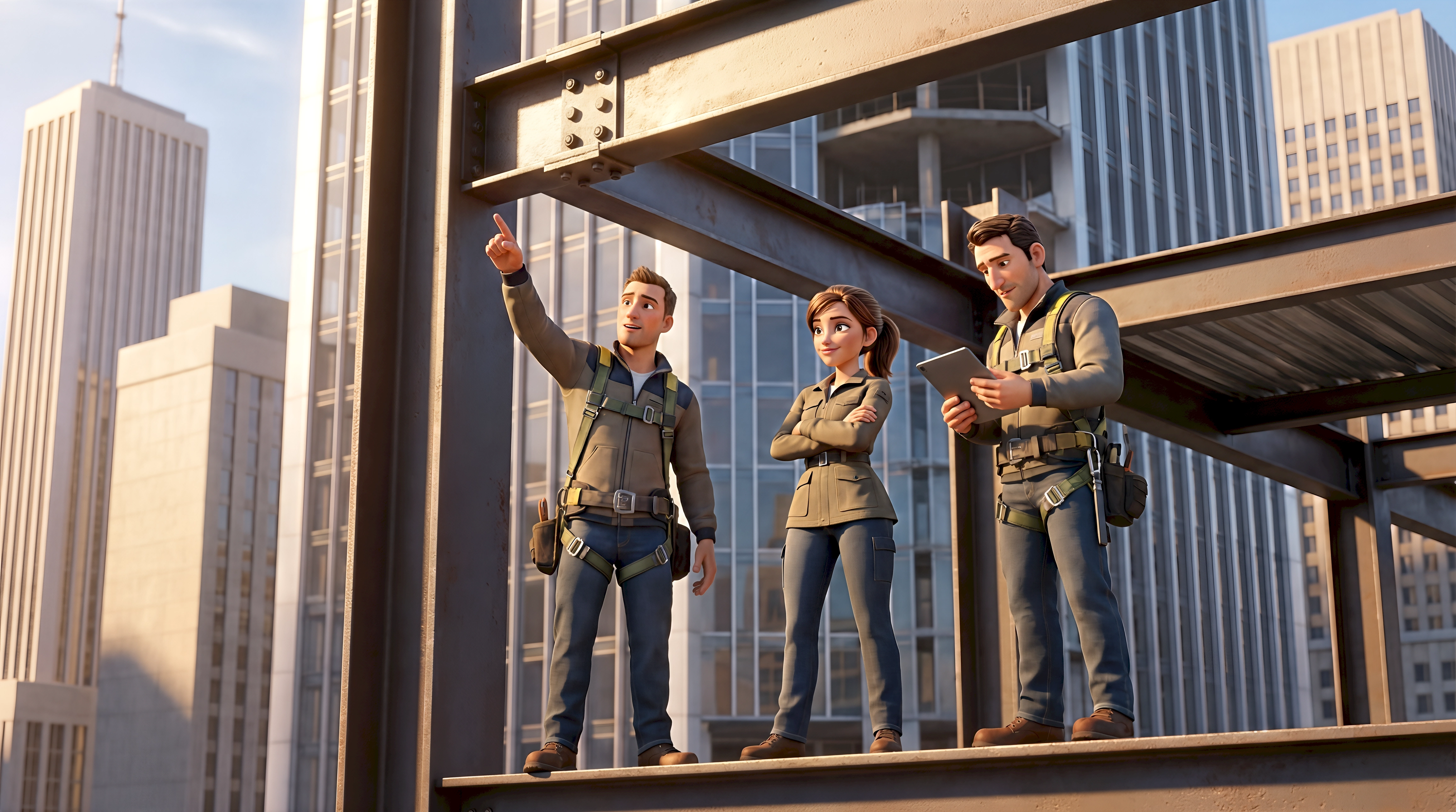 Three expressive 3D animated characters — two white male construction workers in olive jackets and safety