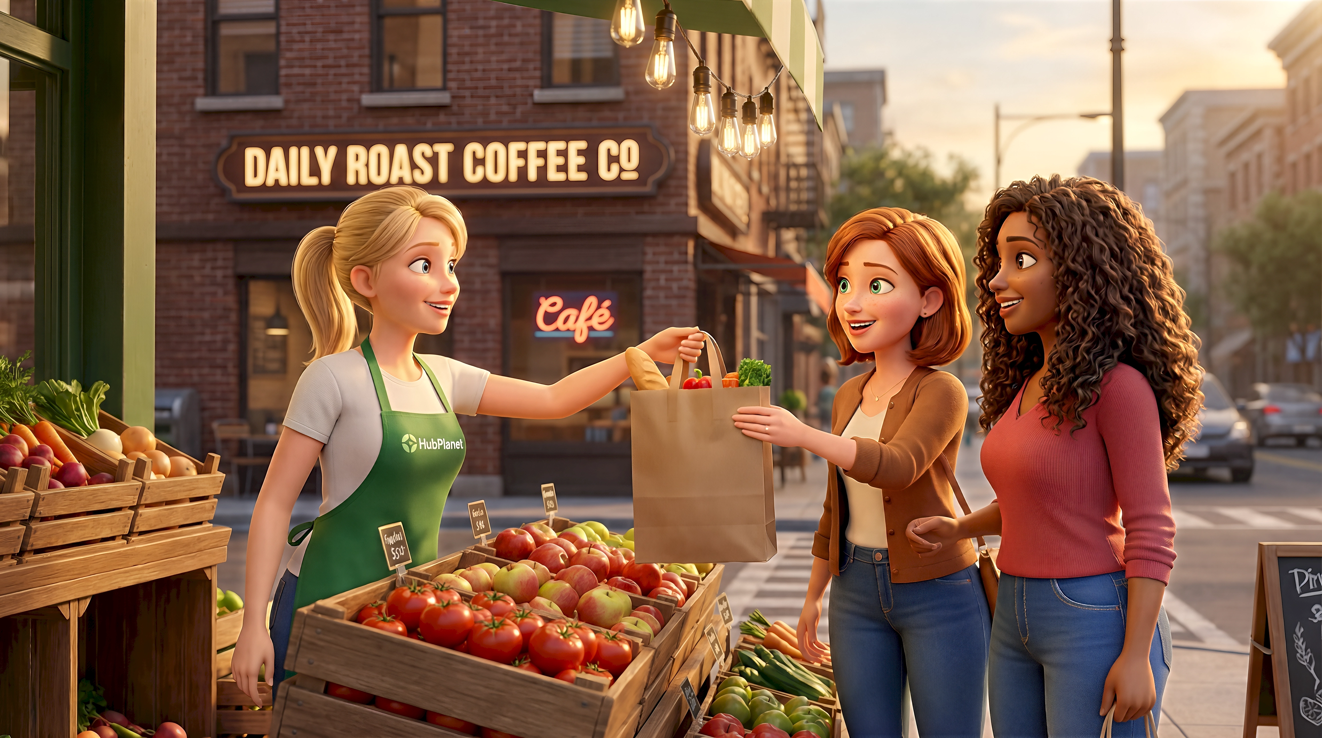 Three stylized realism animated characters — a white woman in a HubPlanet green apron handing over