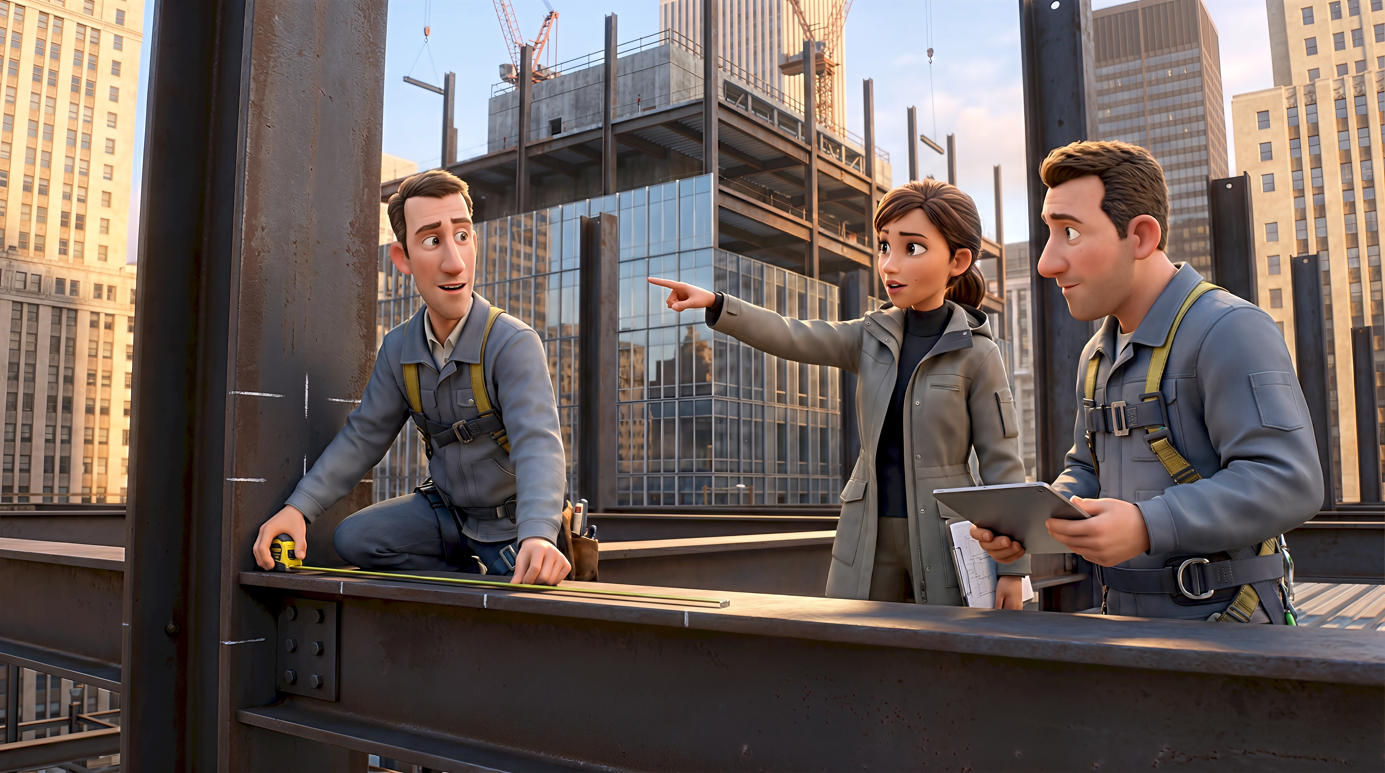 Three charming high-fidelity 3D animated characters — a white female architect in a grey trench coat