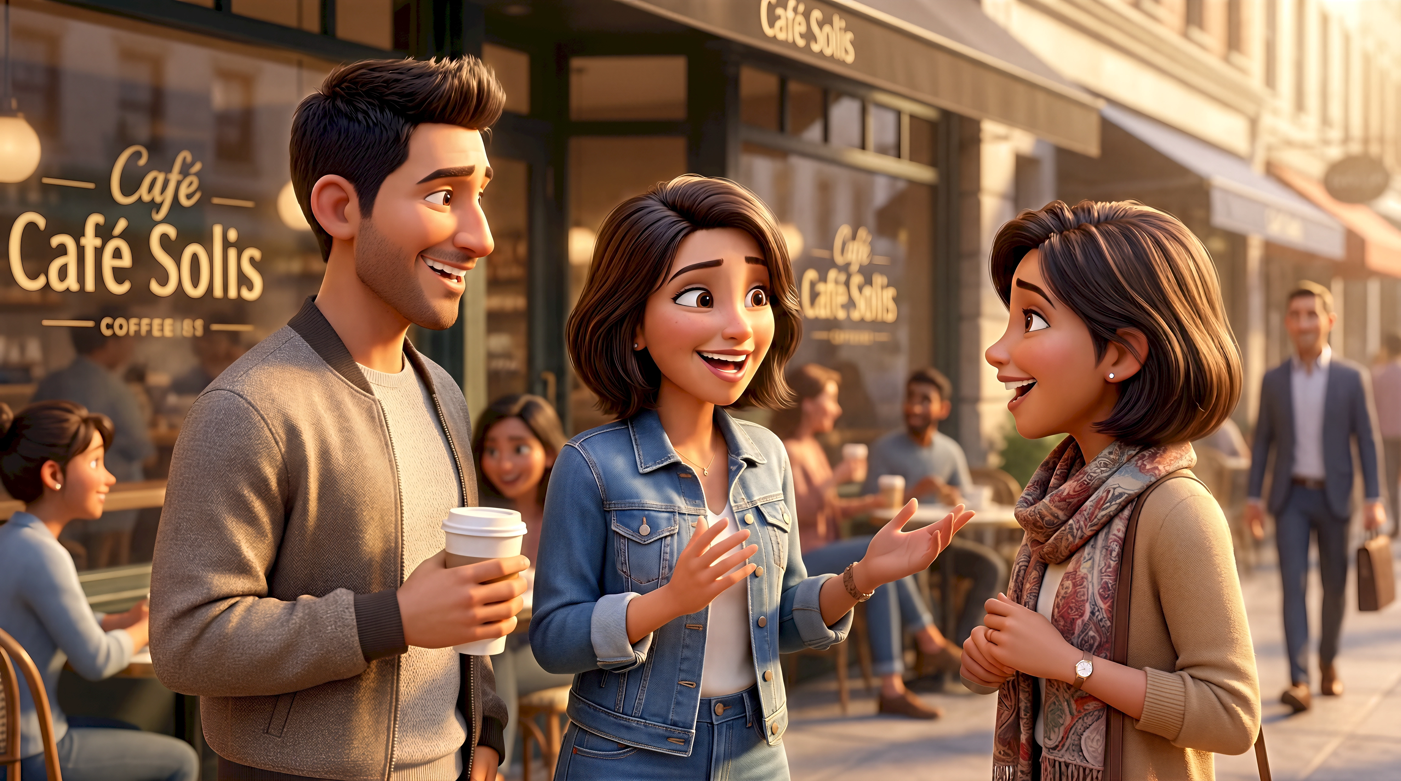 Three expressive 3D animated characters — a Latino man in a grey bomber holding a coffee,