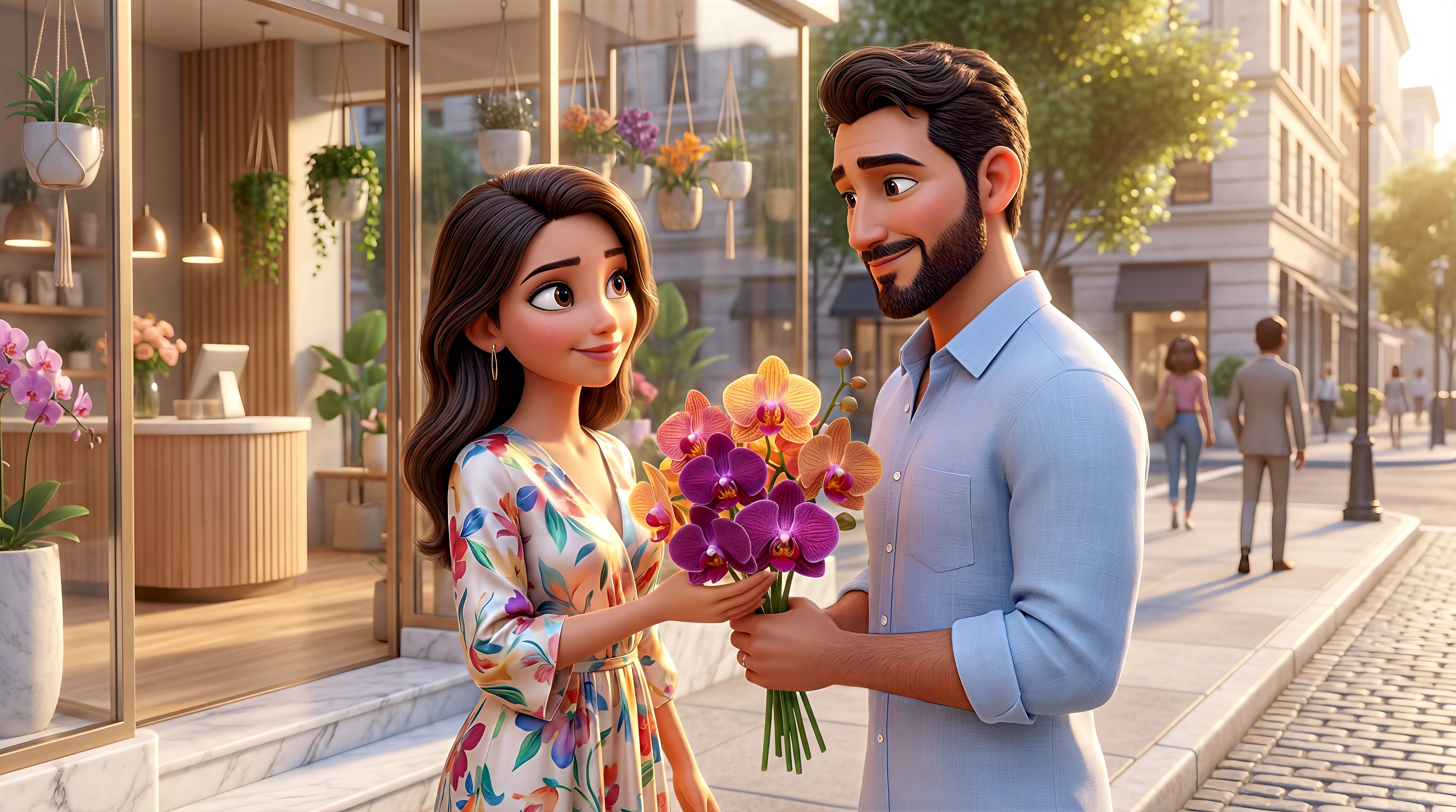 Two charming high-fidelity 3D animated characters — a Latina woman in a colorful floral midi dress