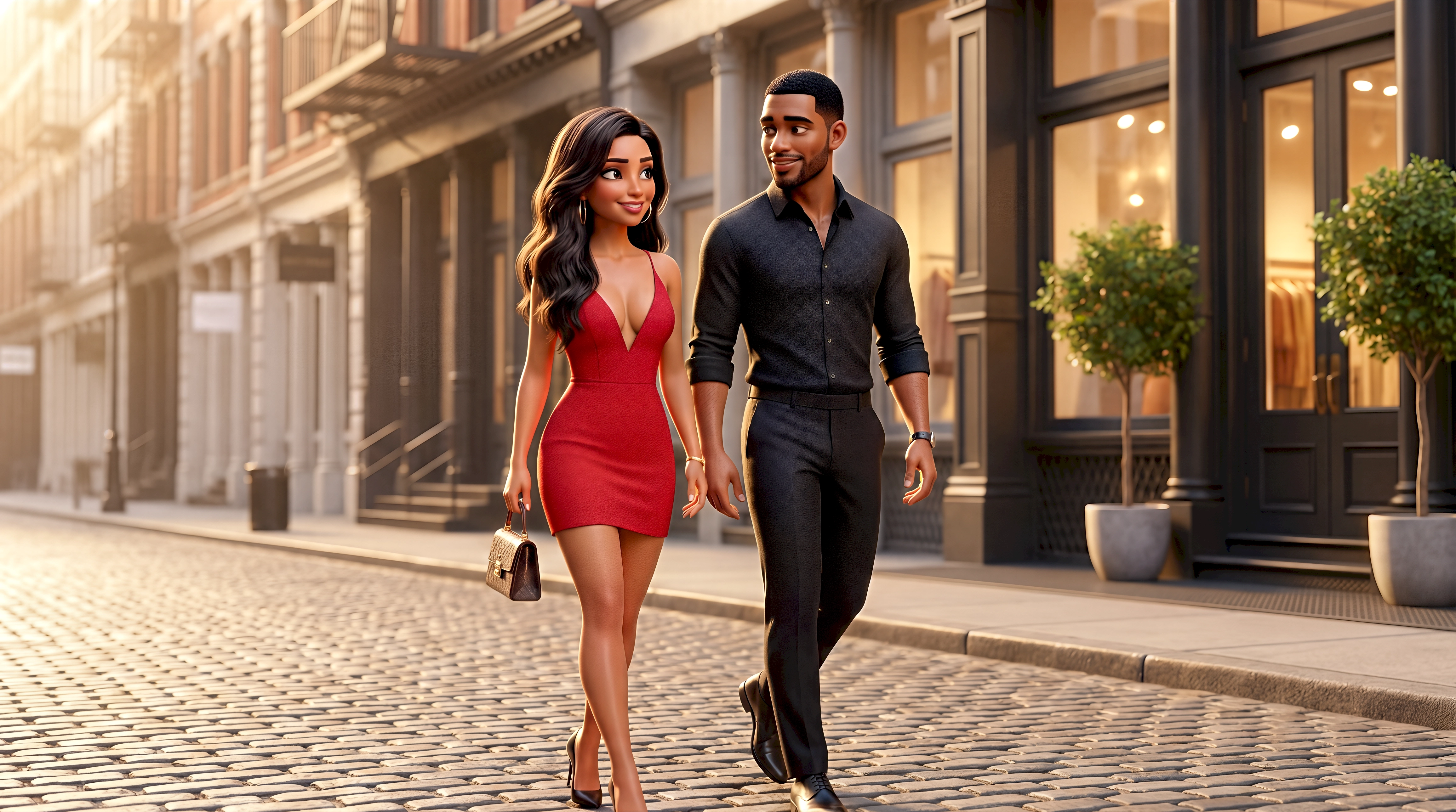 Two stylized realism animated characters — a Latina woman in a fitted red mini dress with