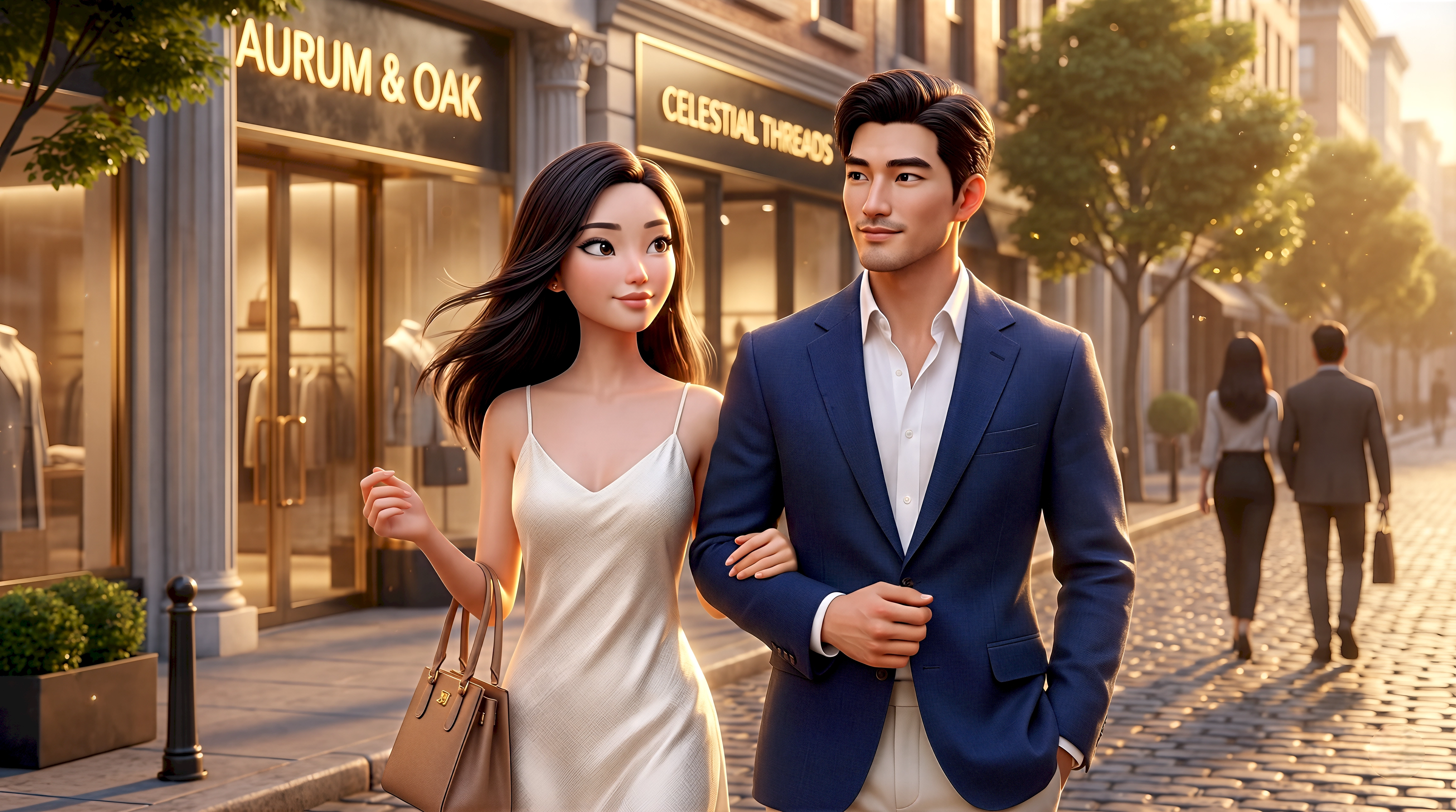 Two digital human animated characters — an Asian woman in an ivory silk slip dress carrying