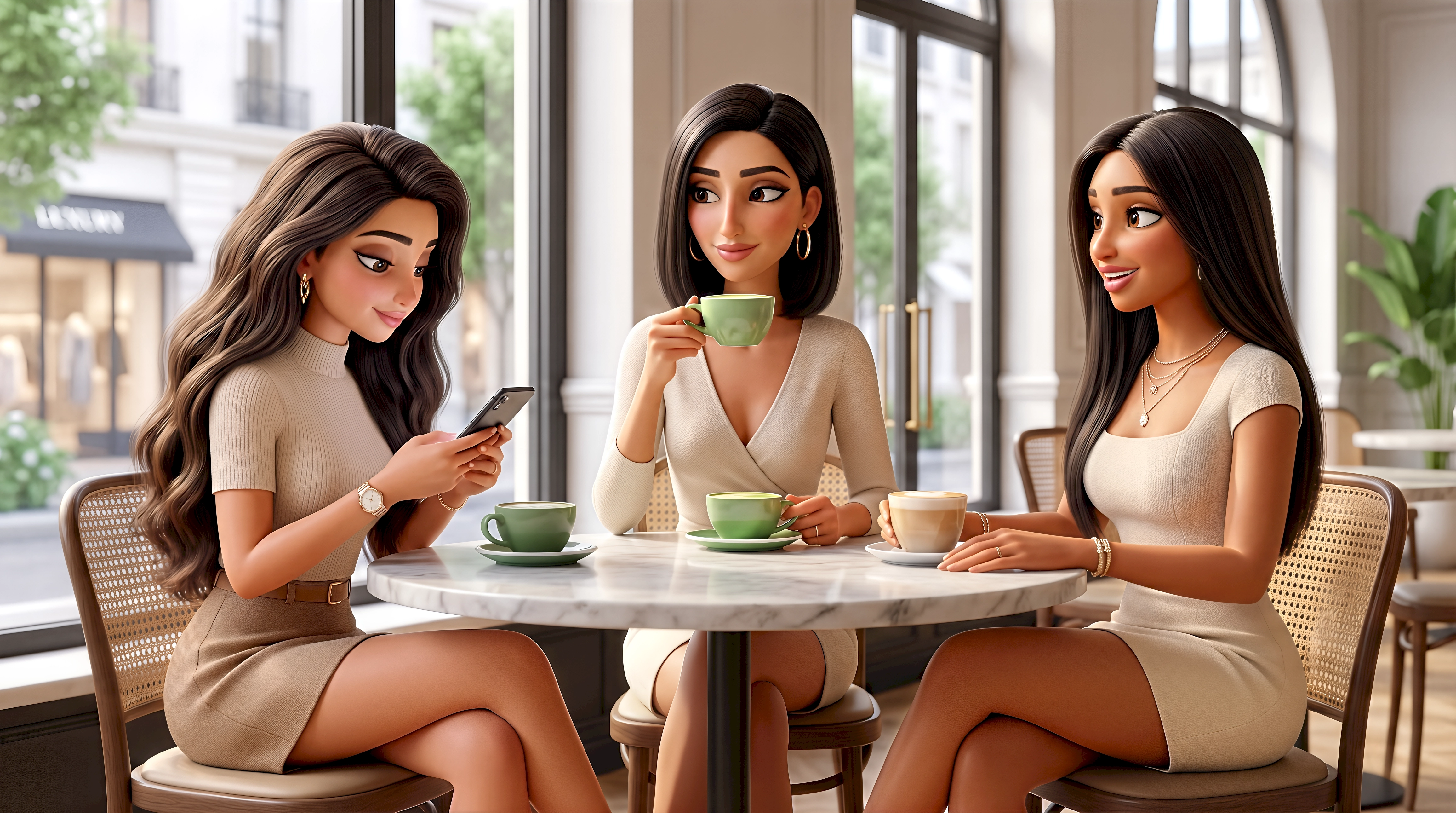 Three digital human animated characters — a Middle Eastern woman in a taupe ribbed dress scrolling