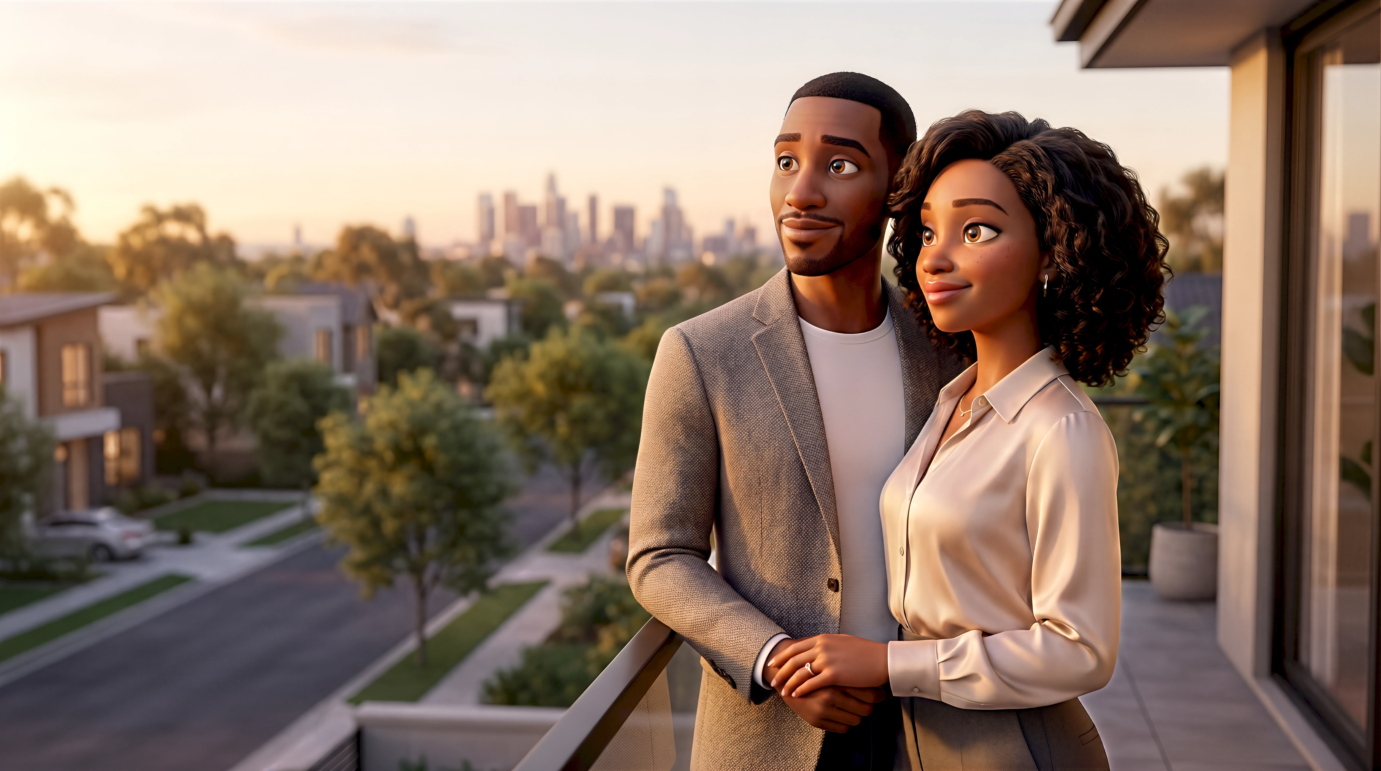 Two digital human animated characters — a Black man in a grey textured blazer and a
