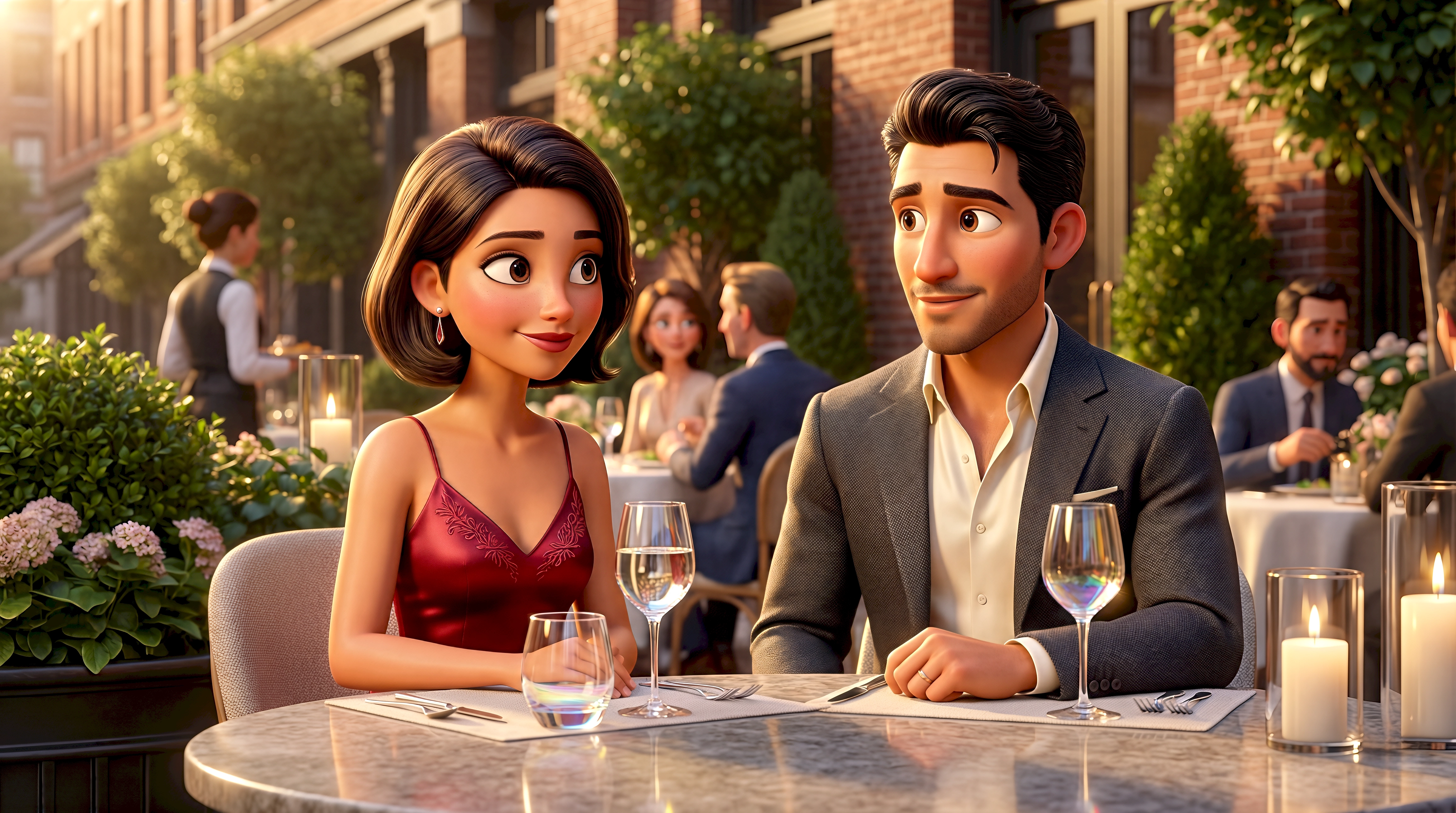 Two expressive 3D animated characters — a Latina woman in a crimson satin slip dress with
