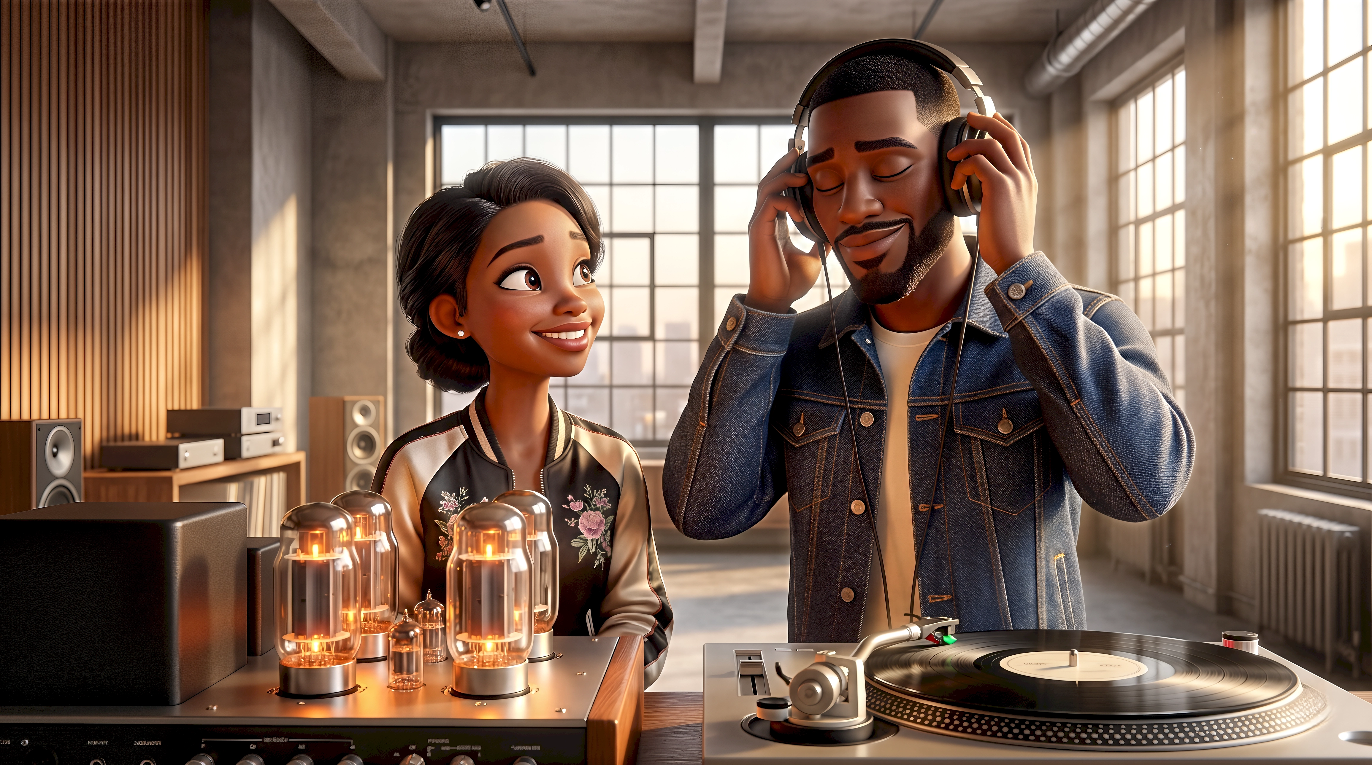 williamsburg brooklyn loft apartment black couple vinyl turntable new york city living persistent world cinematic 3d