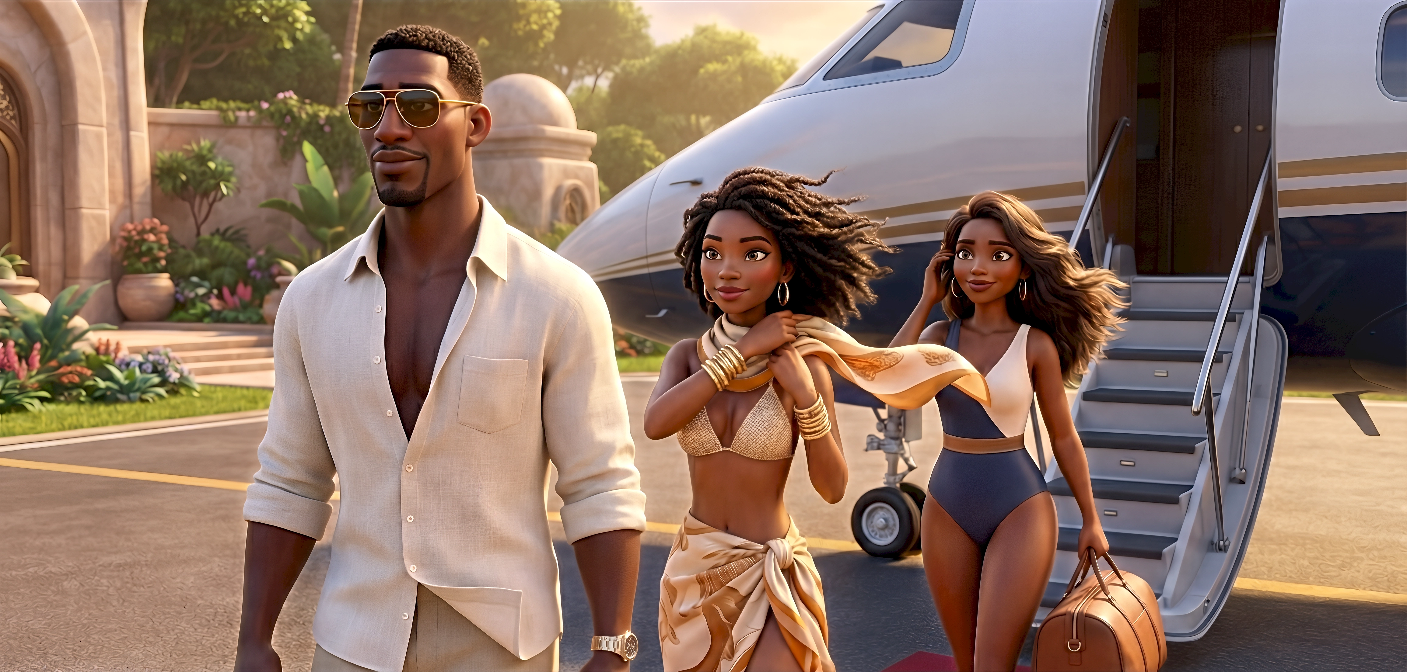 Three cinematic 3D metahuman characters — a Black man in an open cream linen shirt, beige