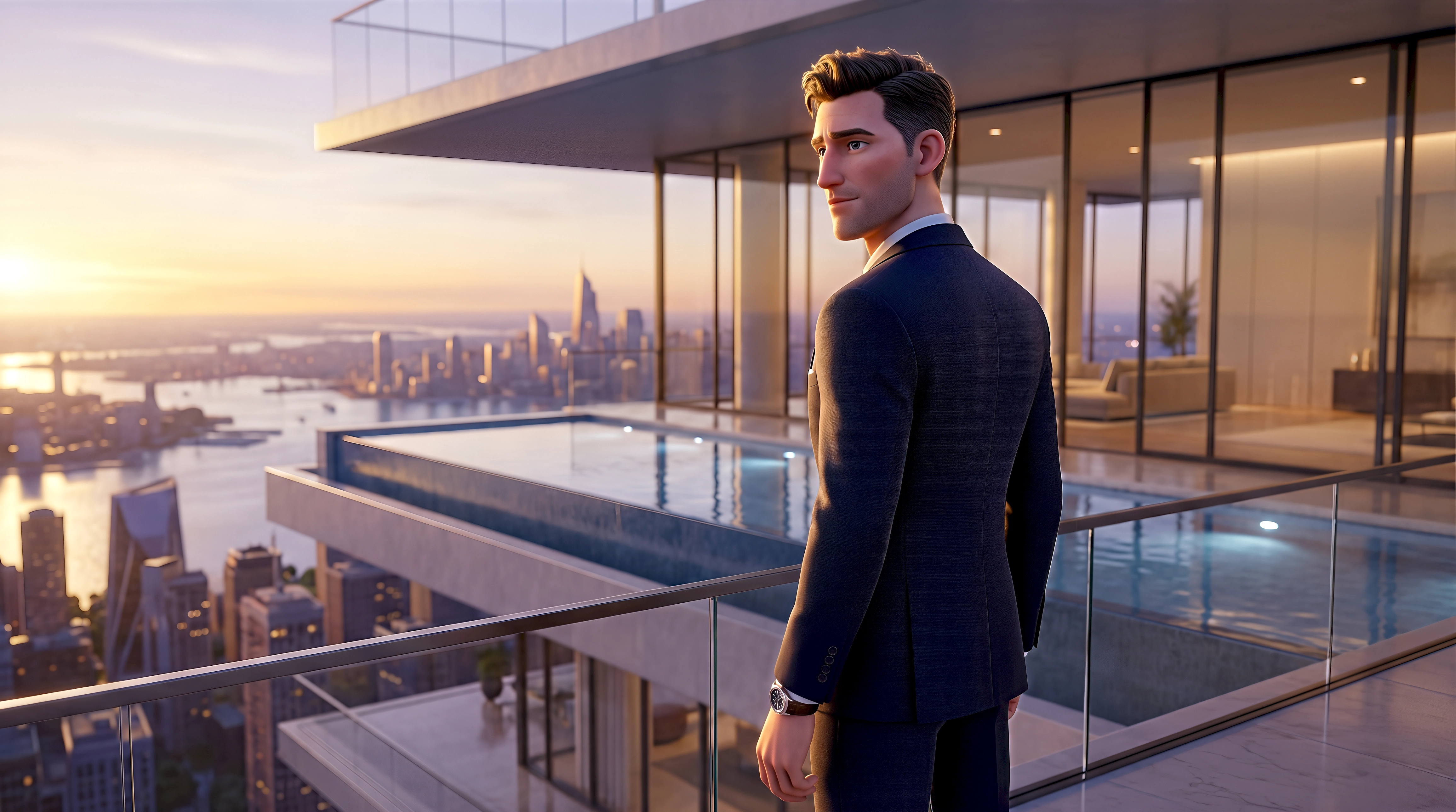 A high-fidelity 3D digital avatar — a white man in a bespoke navy suit with a