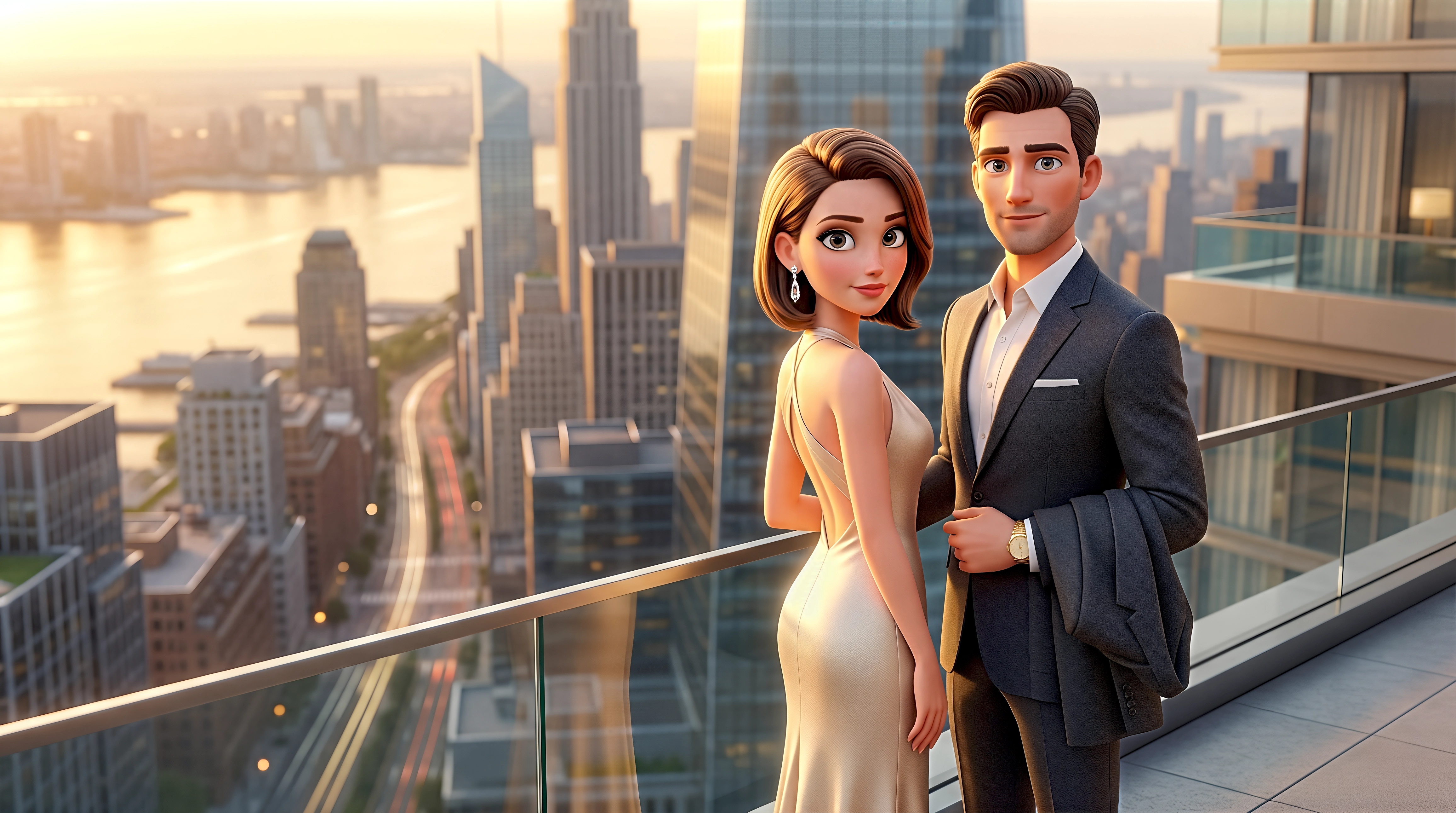 Two cinematic 3D animated characters — a white woman in a champagne silk bias-cut slip gown