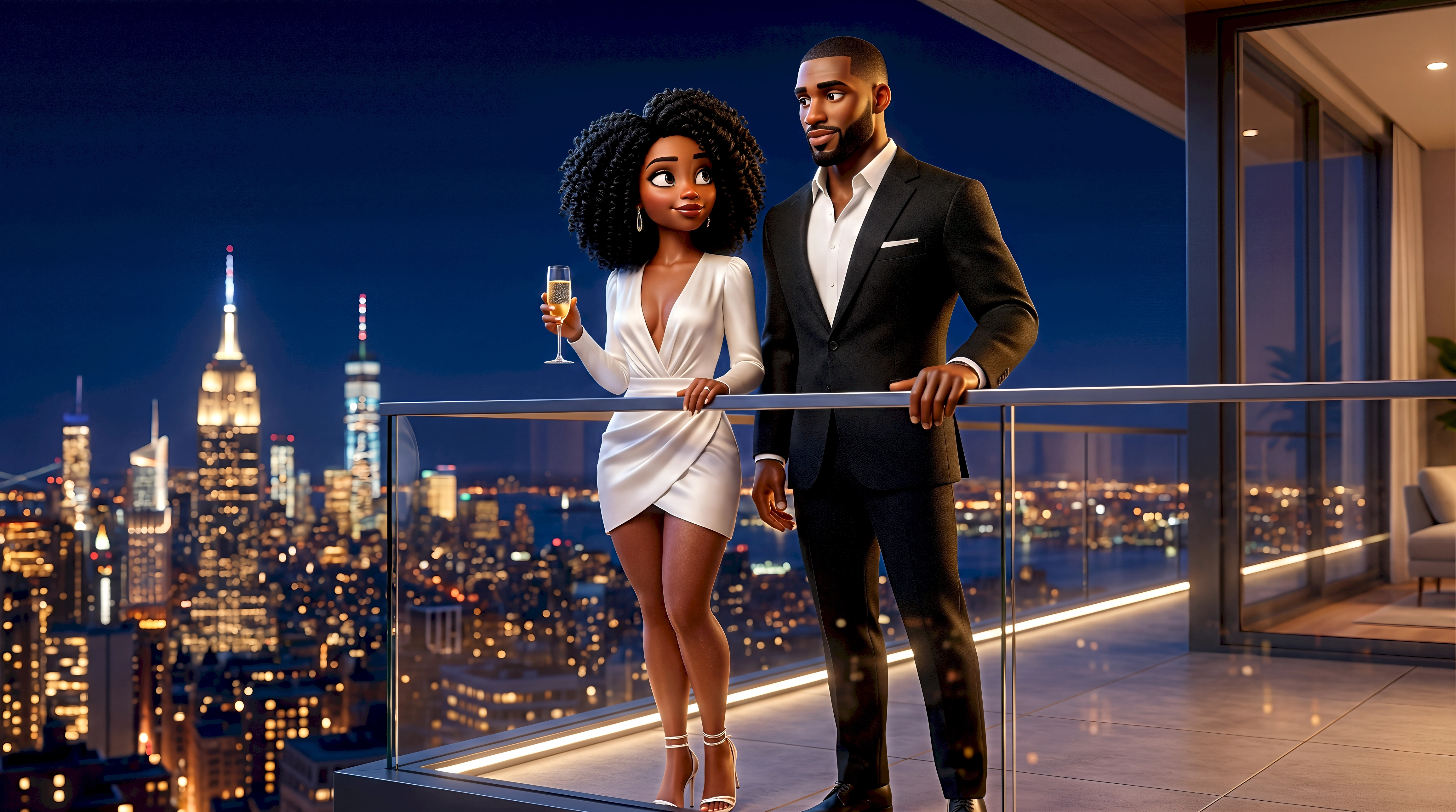 Two stylized 3D animated avatars — a woman in a white wrap dress holding champagne and