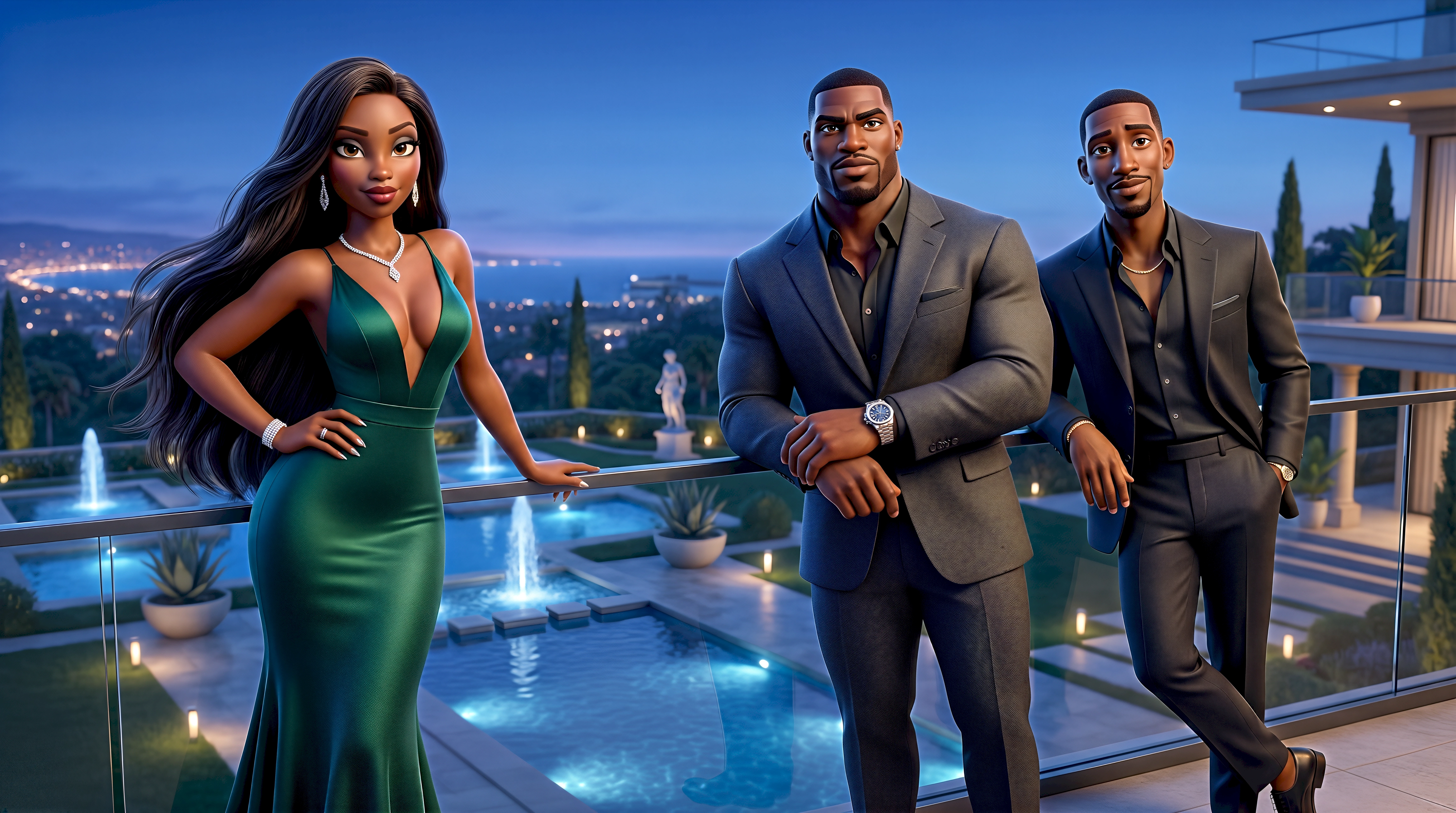 Stylized characters in premium formal wear attend an exclusive waterfront estate party in Kings Point within