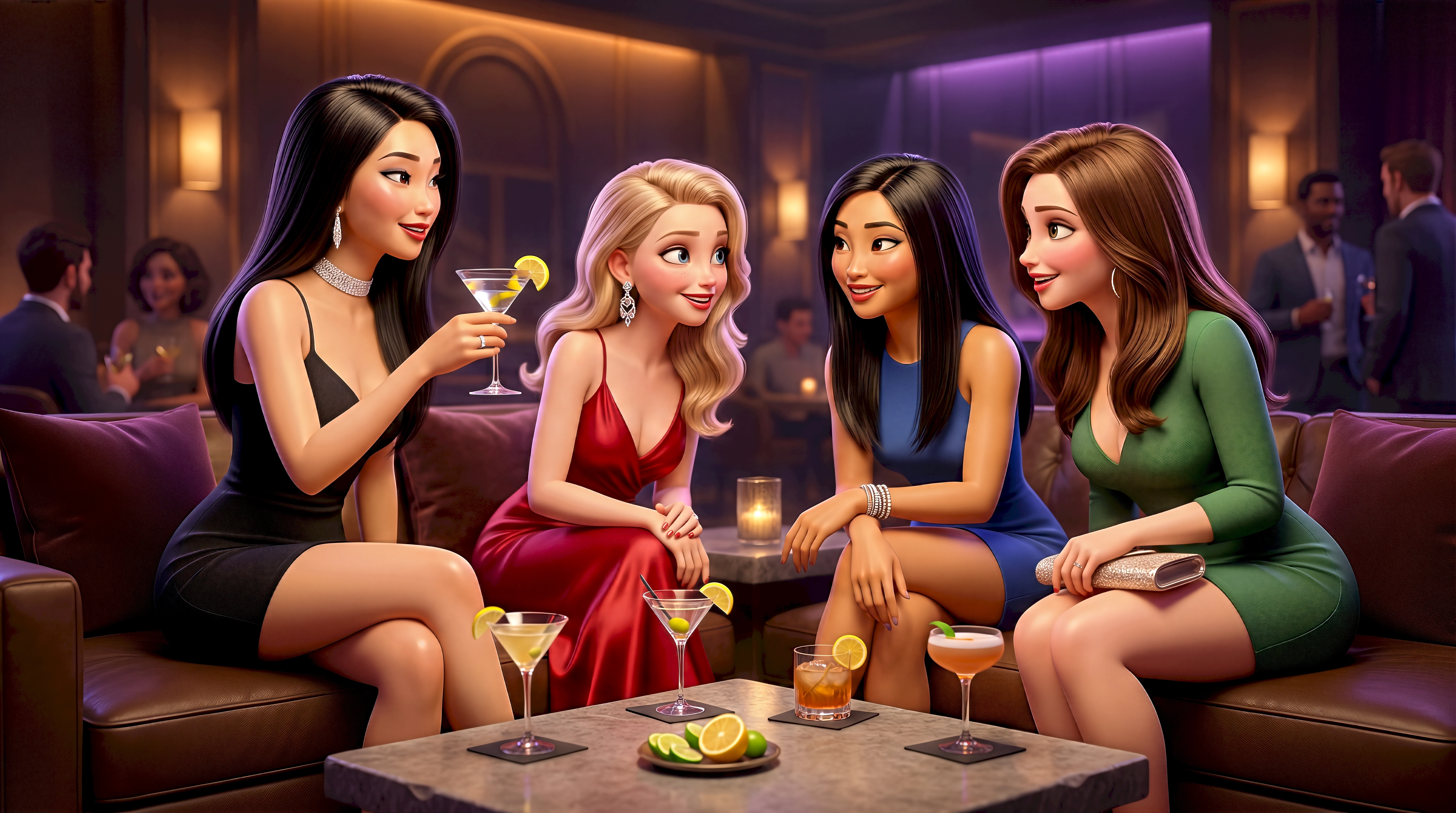 Four stylized 3D animated avatars in vibrant evening wear share martinis and cocktails on leather sofas
