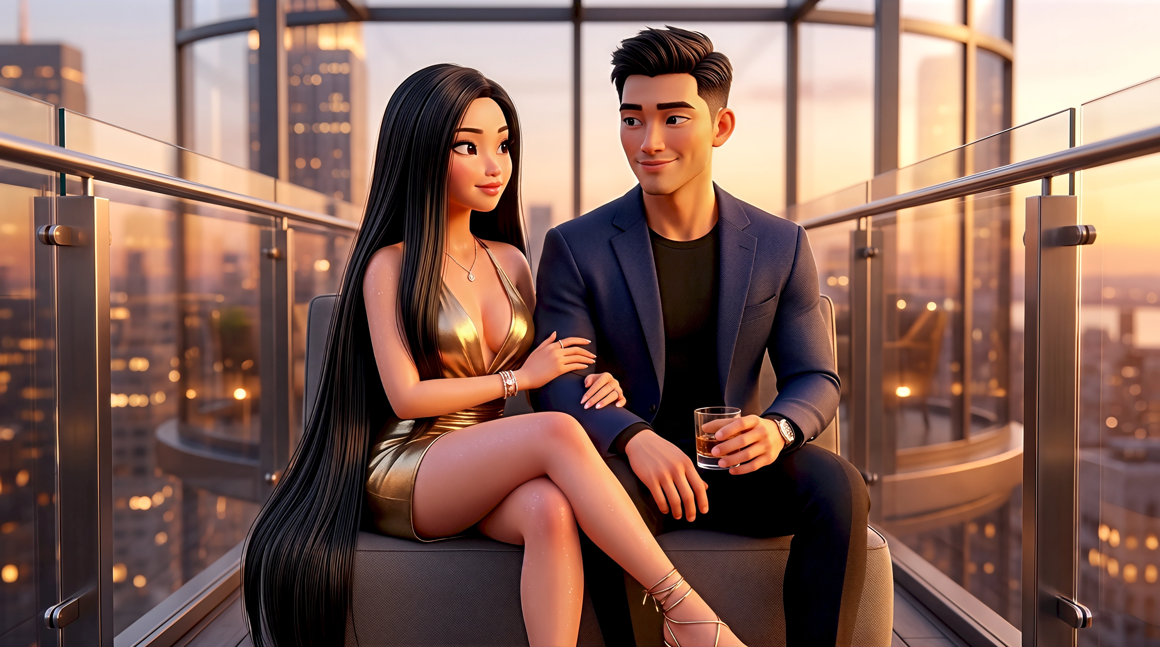 Two cinematic 3D animated avatars — an Asian woman in a gold metallic dress and an