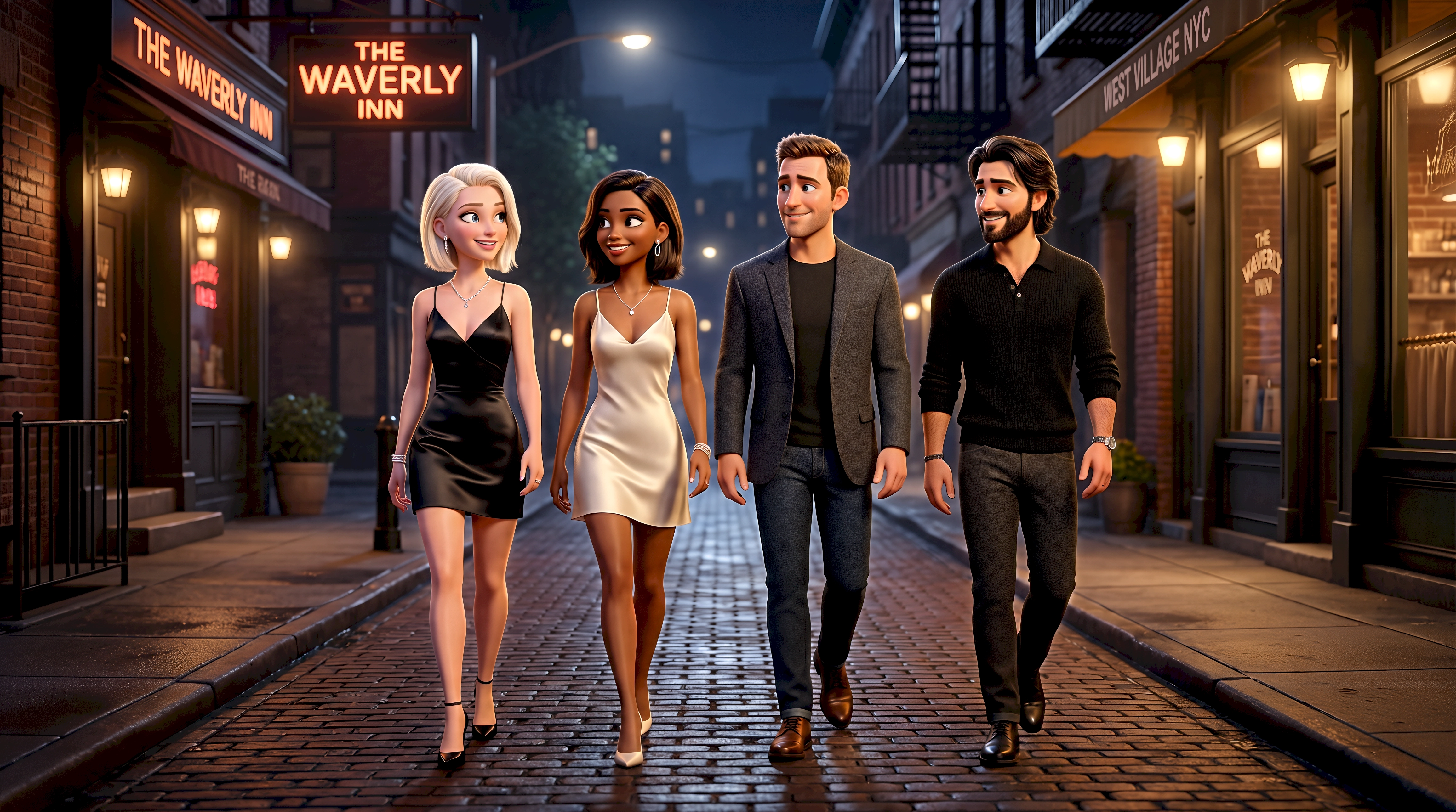 Four stylized 3D animated avatars in smart evening wear walk together down a cobblestone street past