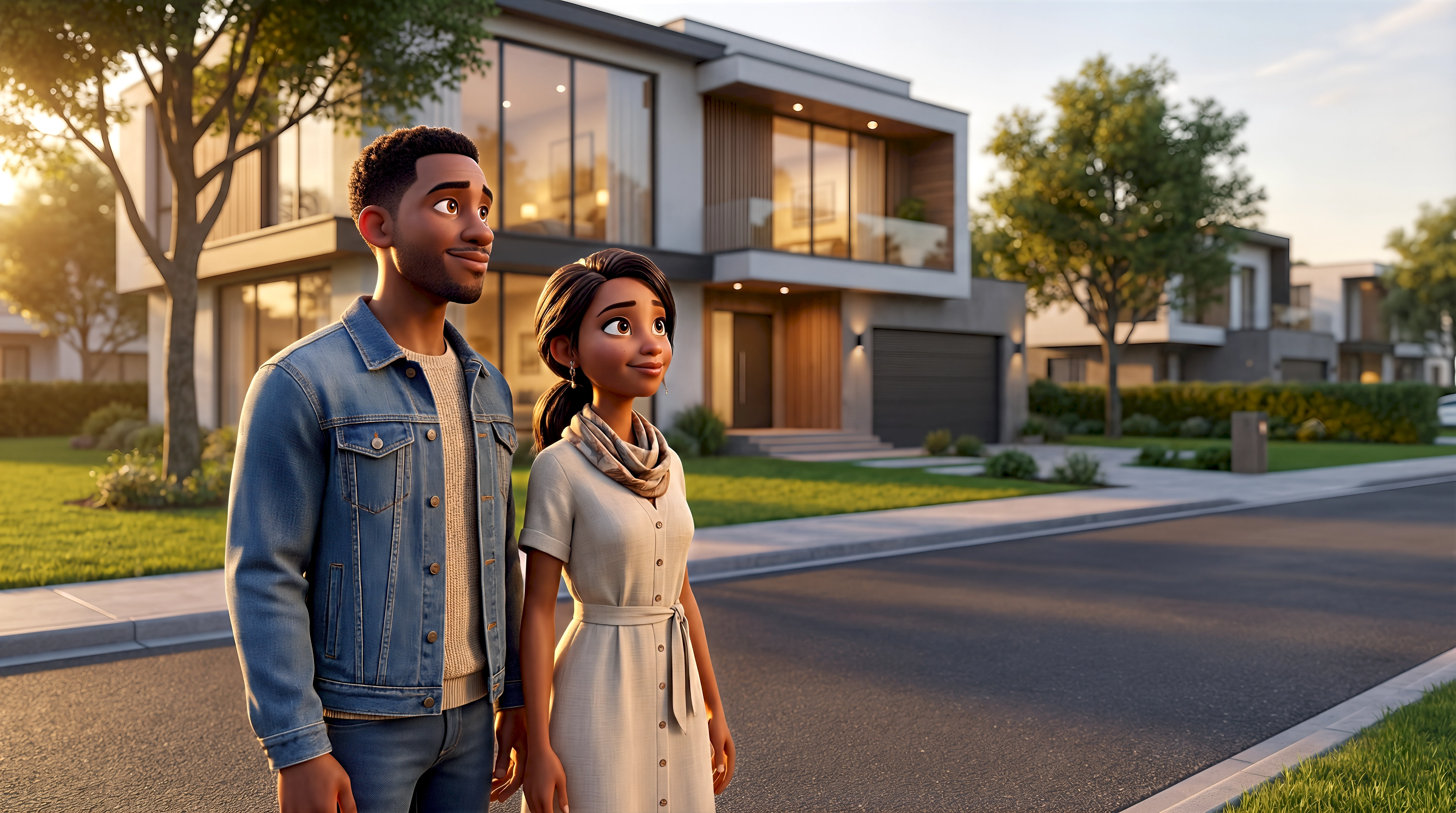 Two cinematic 3D CGI characters — a Black man in a denim jacket and cream knit