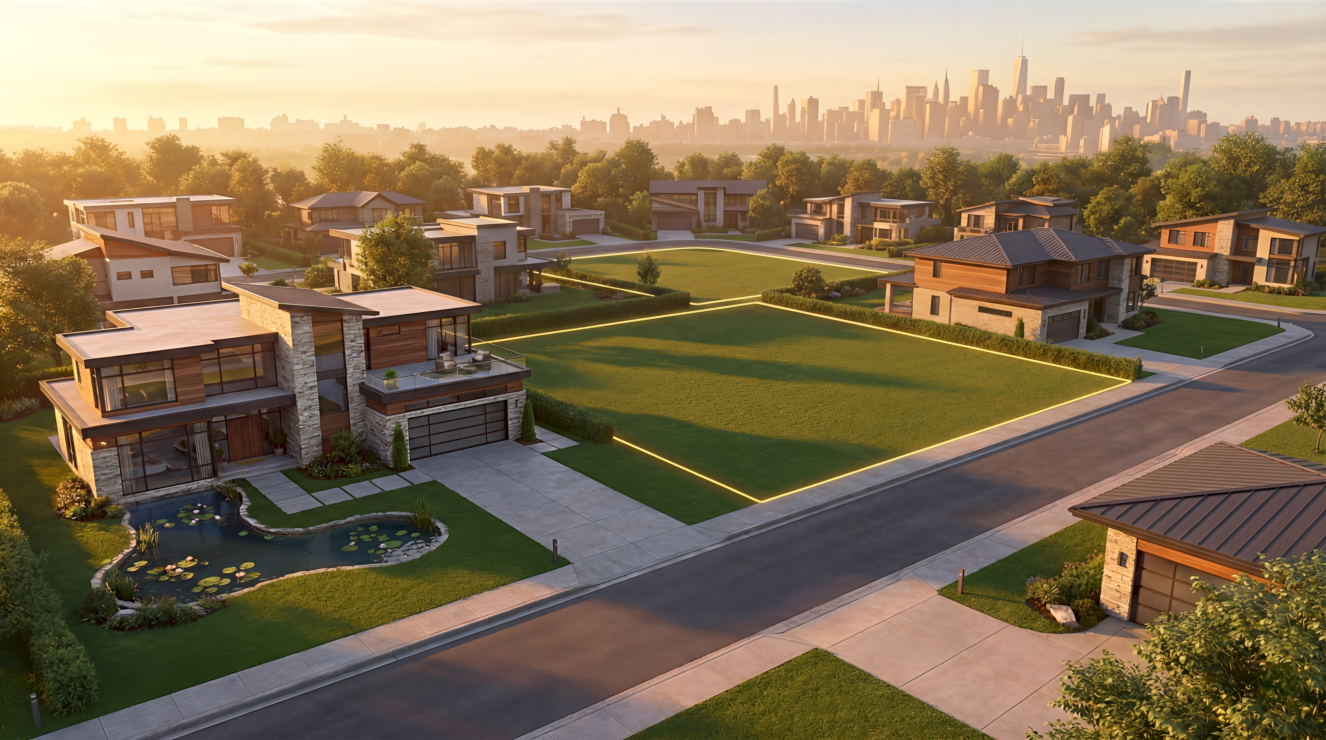 A 3D render of a glowing golden-outlined virtual land parcel on a premium corner lot in