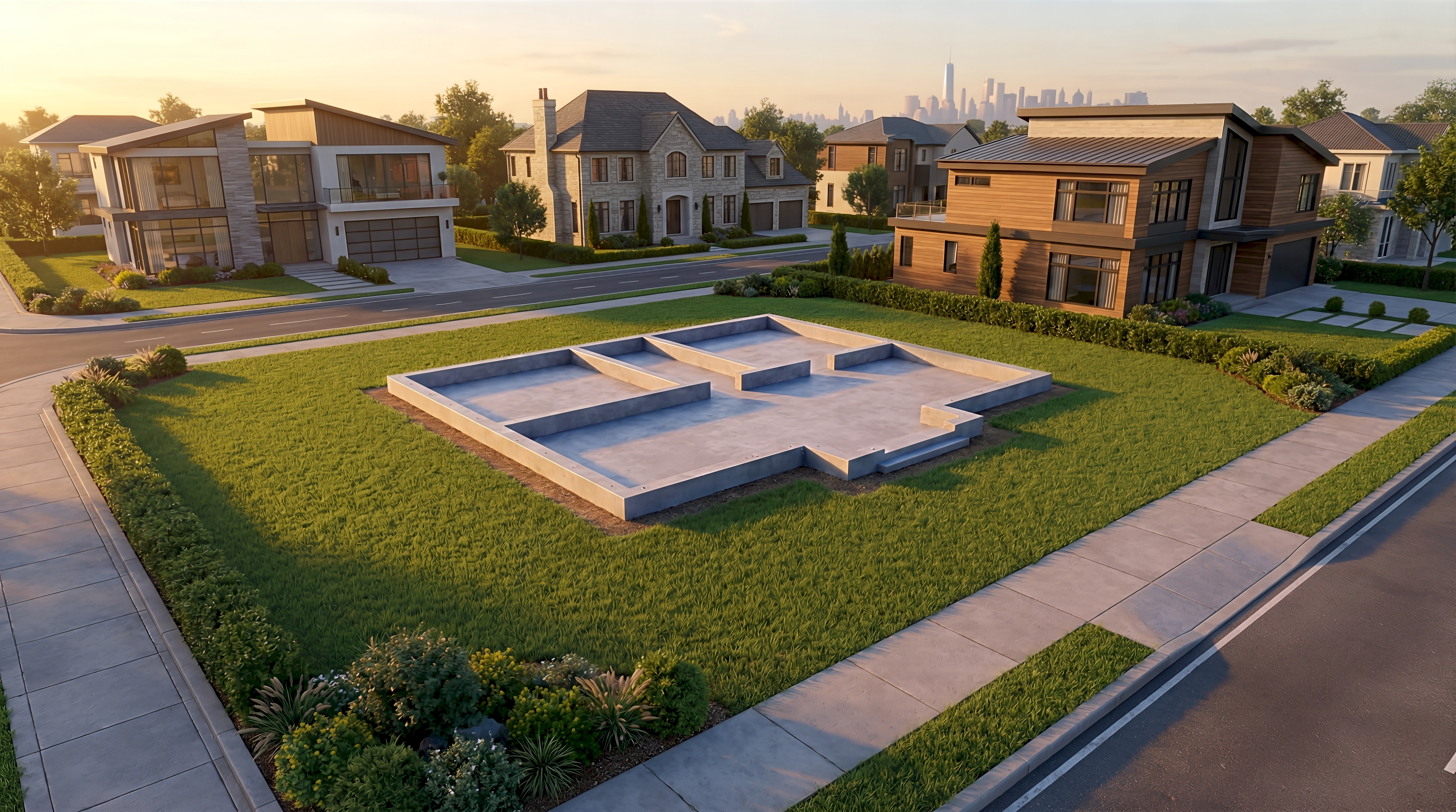 A 3D render of a premium vacant development lot with an articulated poured concrete foundation and