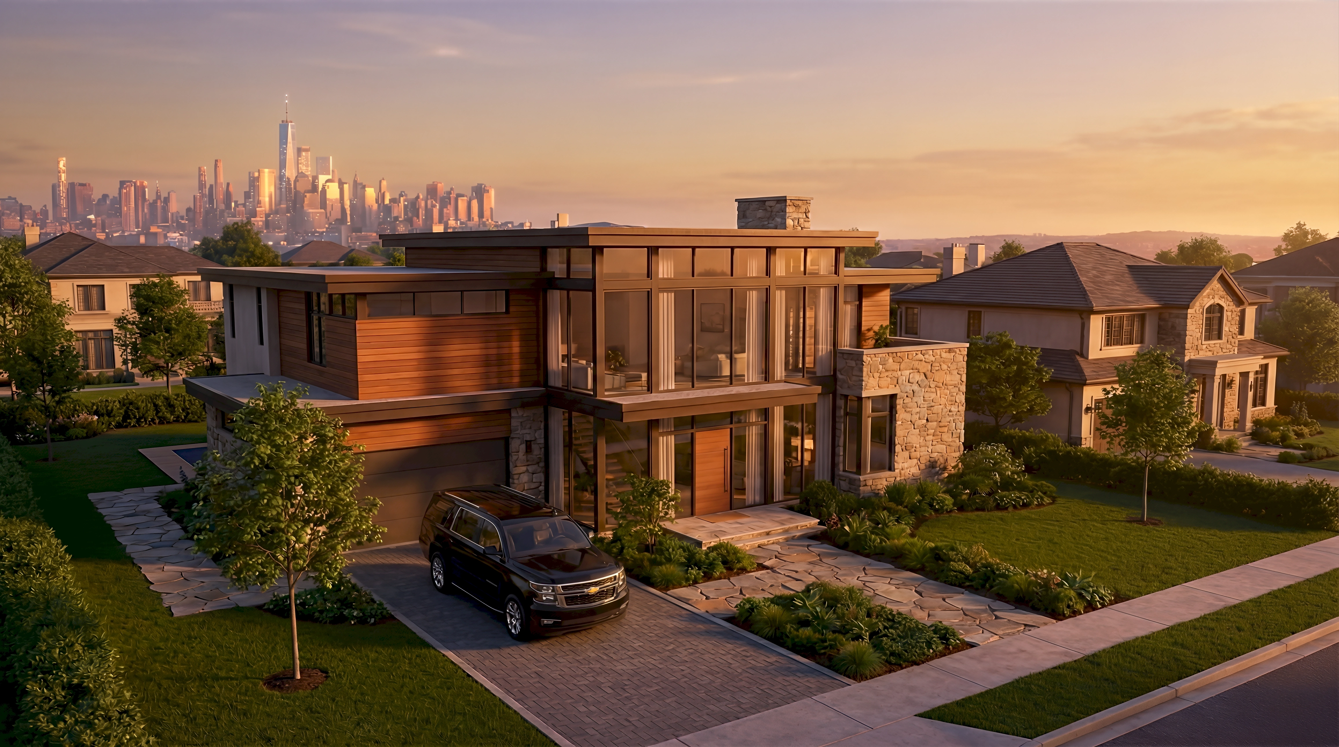 A 3D render of a contemporary prairie-style luxury home in Forest Hills New York featuring cedar