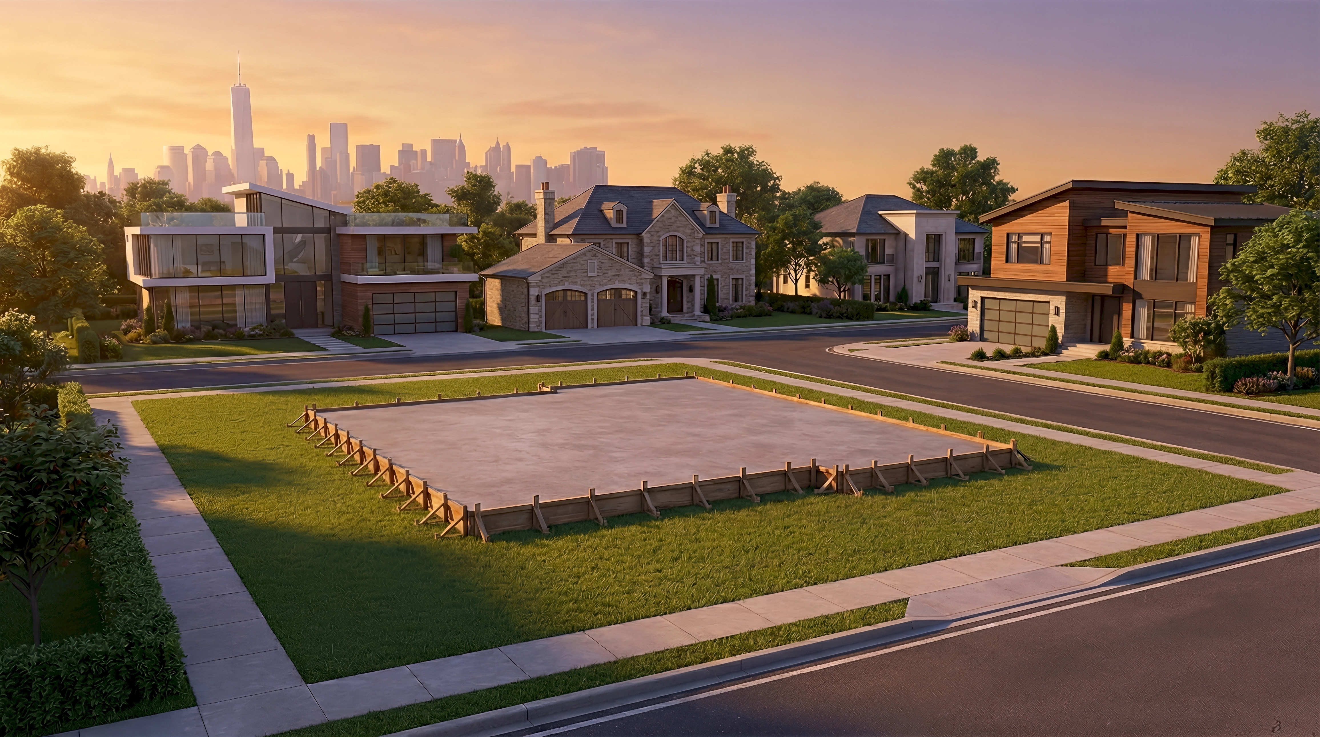 A 3D render of a vacant corner development lot with concrete foundation slab and timber formwork