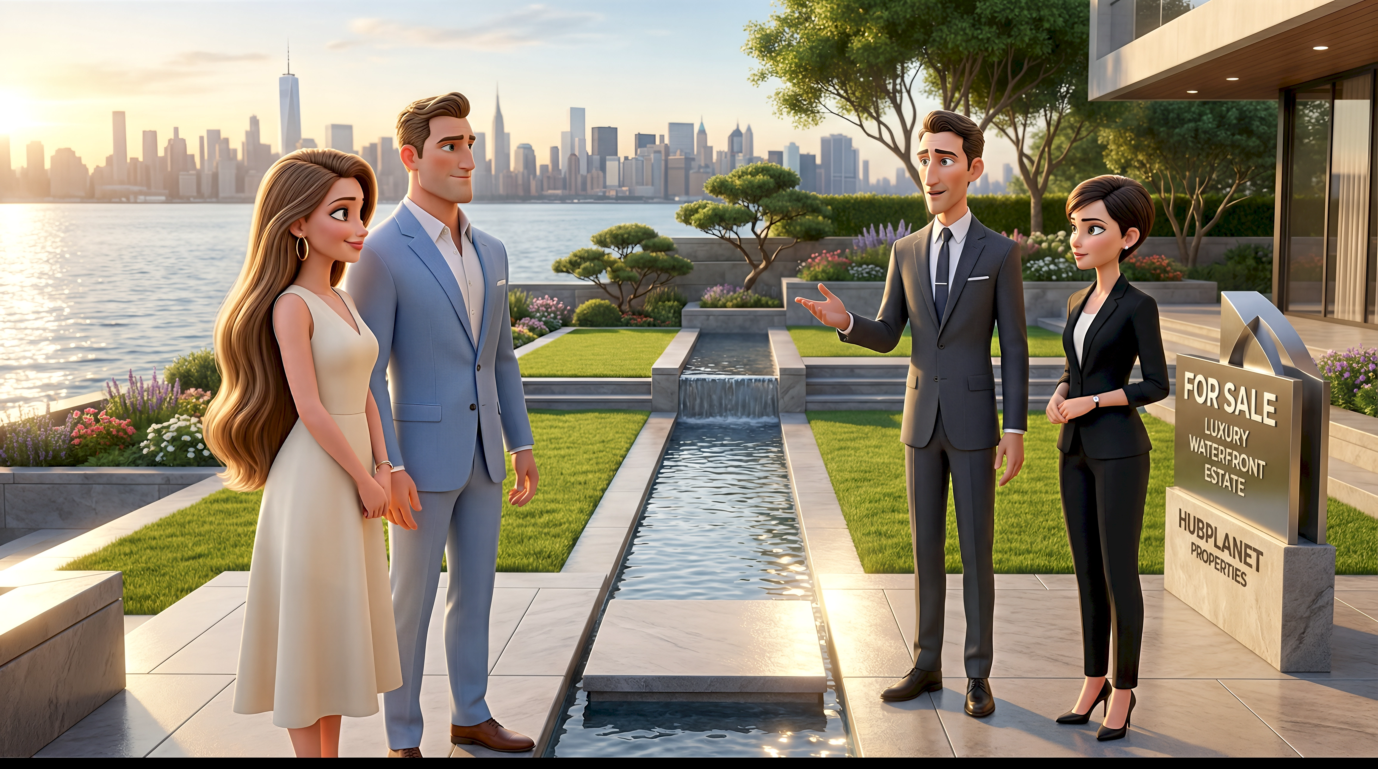 Four cinematic 3D characters — a European woman in a cream sleeveless midi dress with gold