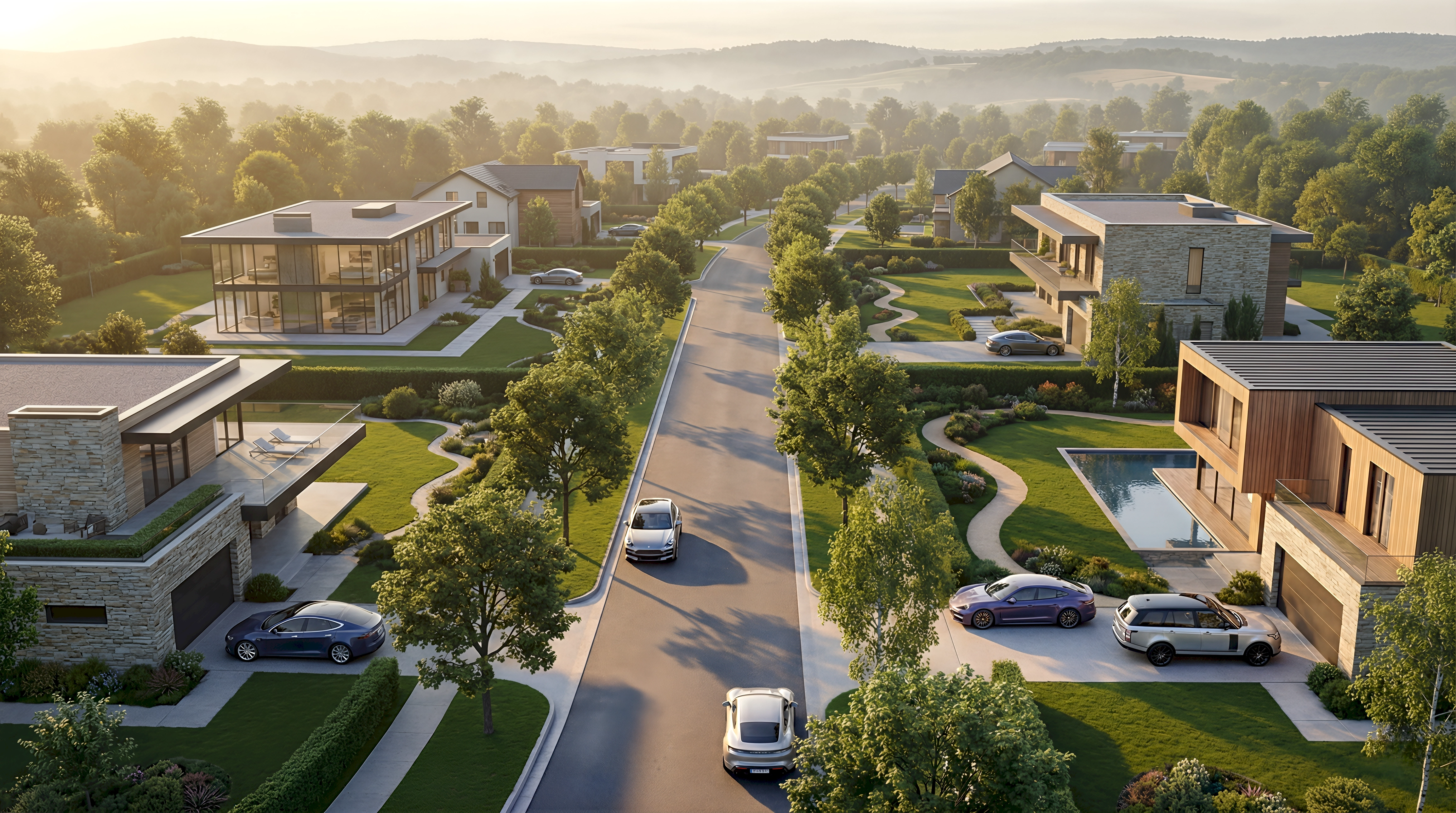 A 3D render of a sweeping contemporary luxury neighborhood in the Hudson Valley New York bathed