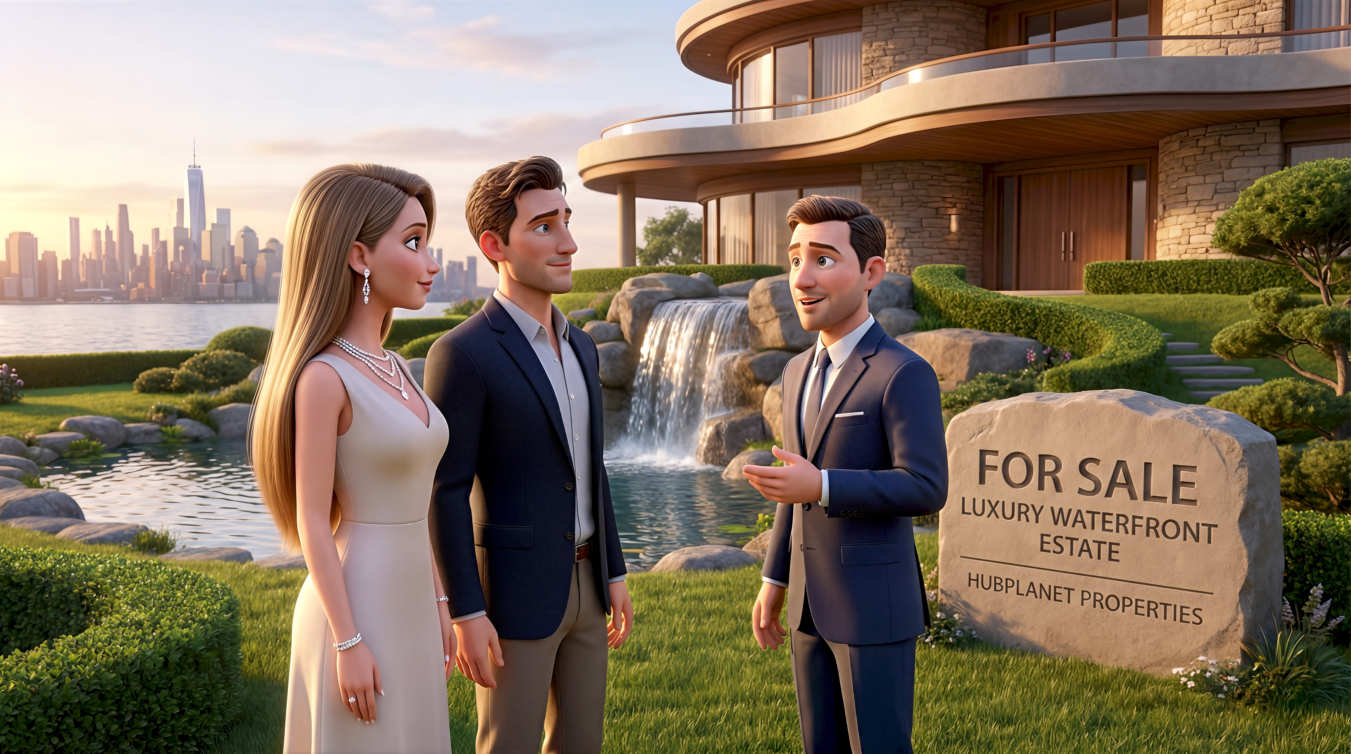 Three cinematic 3D CGI characters — a white woman in a champagne gown with diamond jewelry,