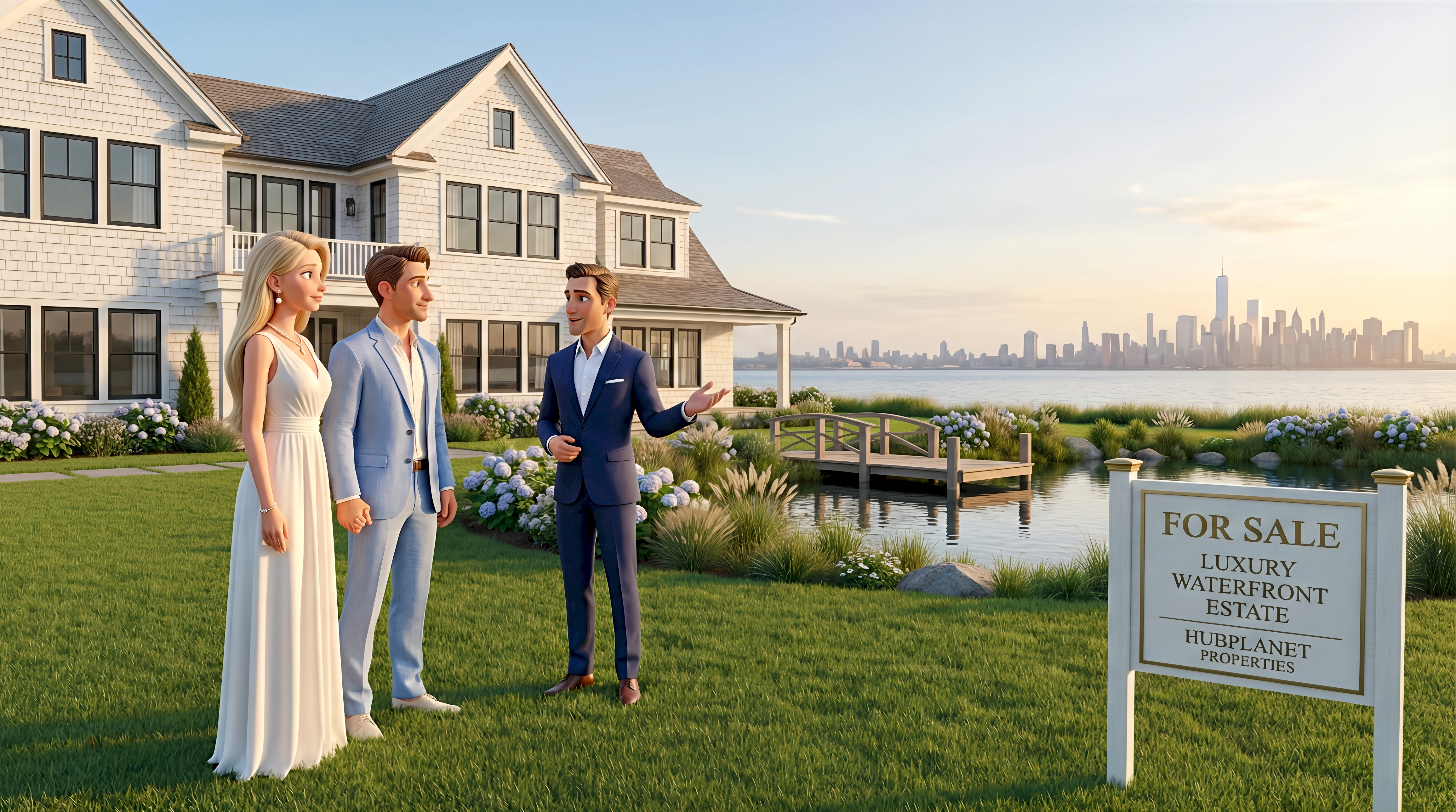 Three stylized 3D digital human characters — a white woman in a flowing white maxi dress,