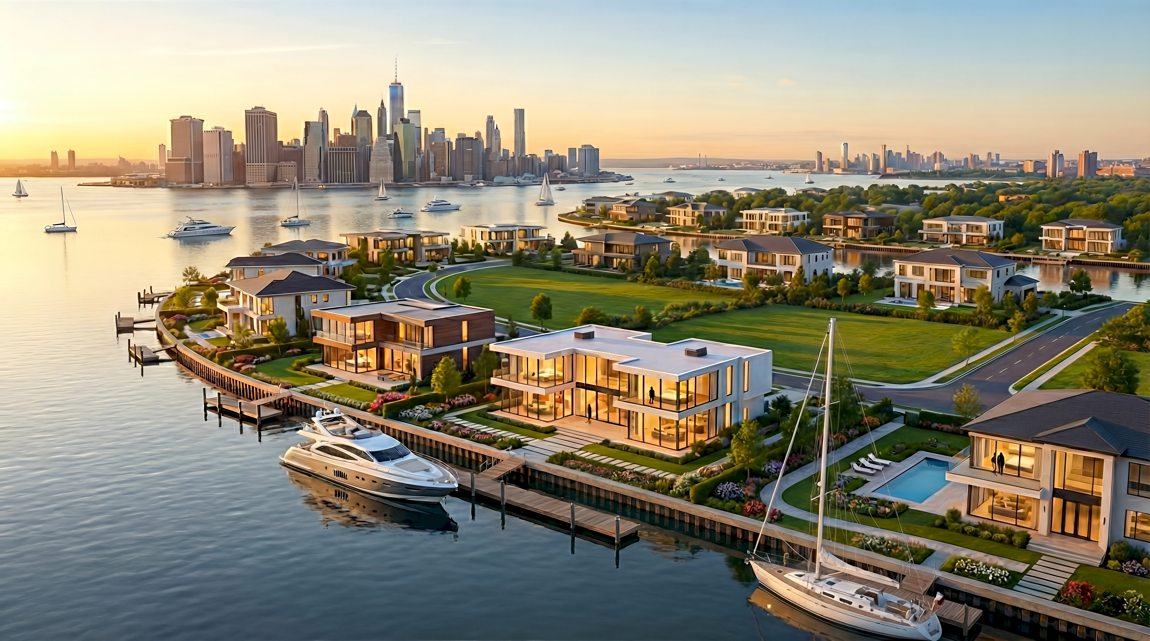 A 3D render of an exclusive private waterfront island community in Liberty Harbor New Jersey facing