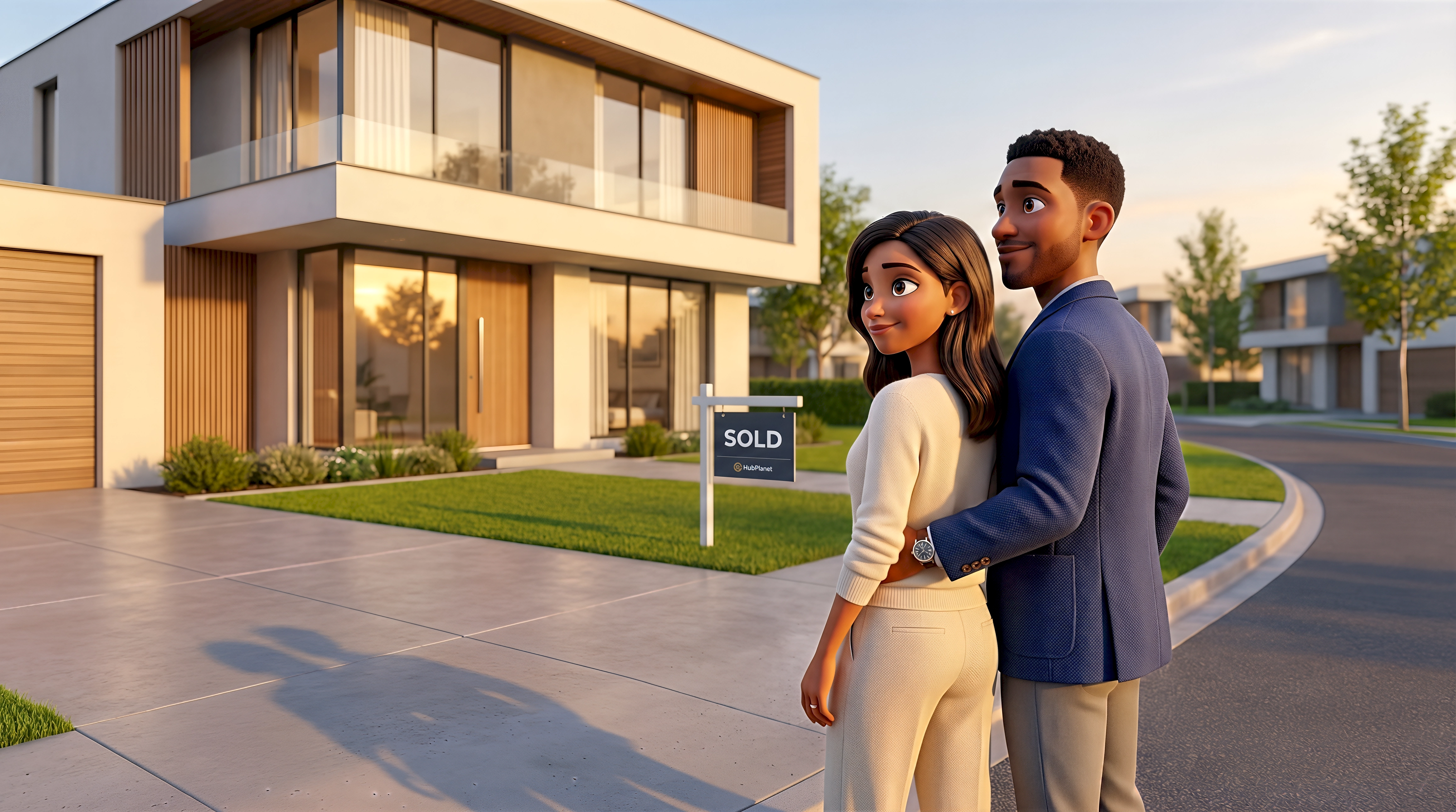 Two stylized 3D characters — a Hispanic woman in a cream knit sweater and tailored trousers