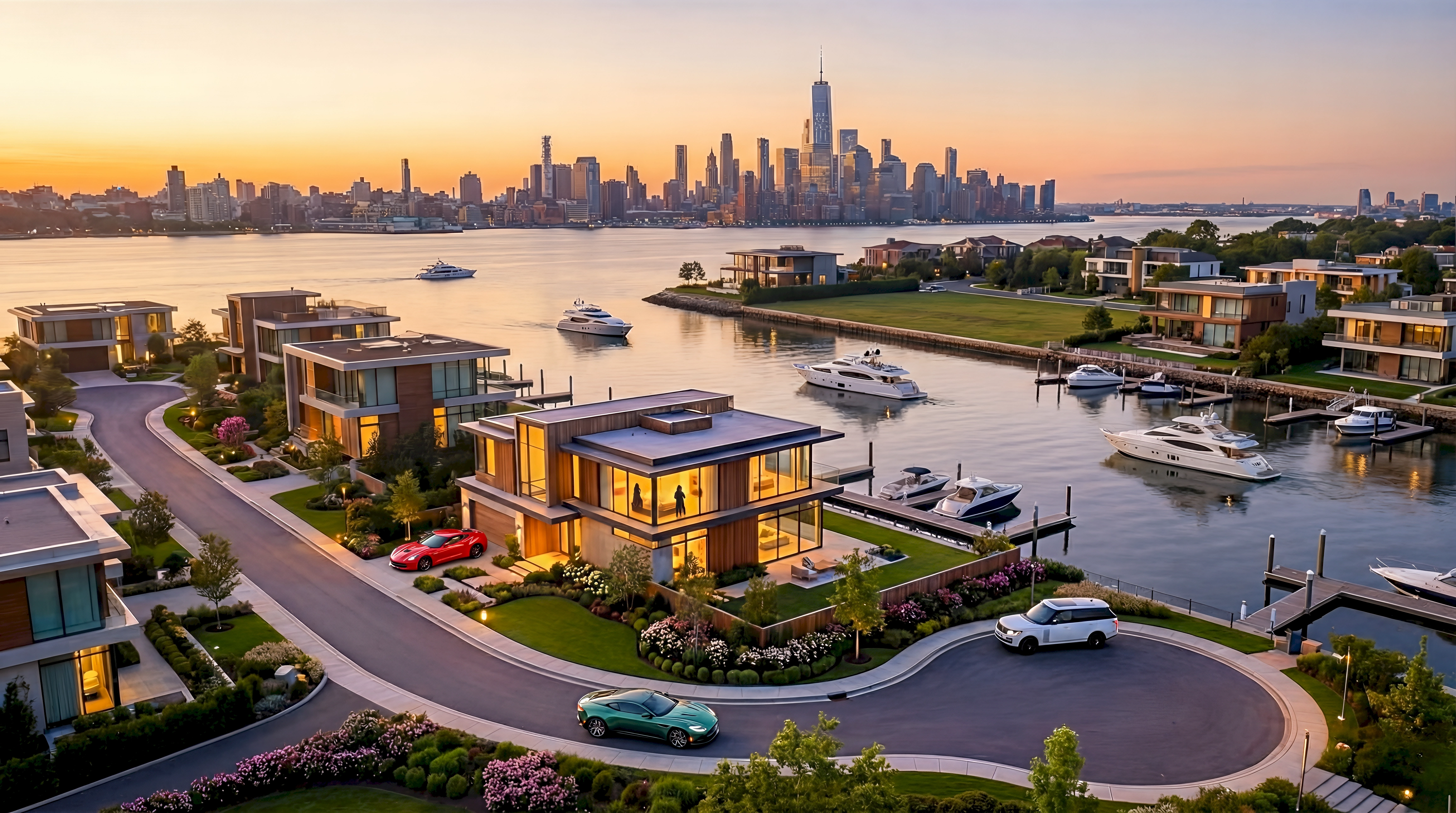 A 3D render of a sweeping luxury marina community on the New Jersey waterfront facing the